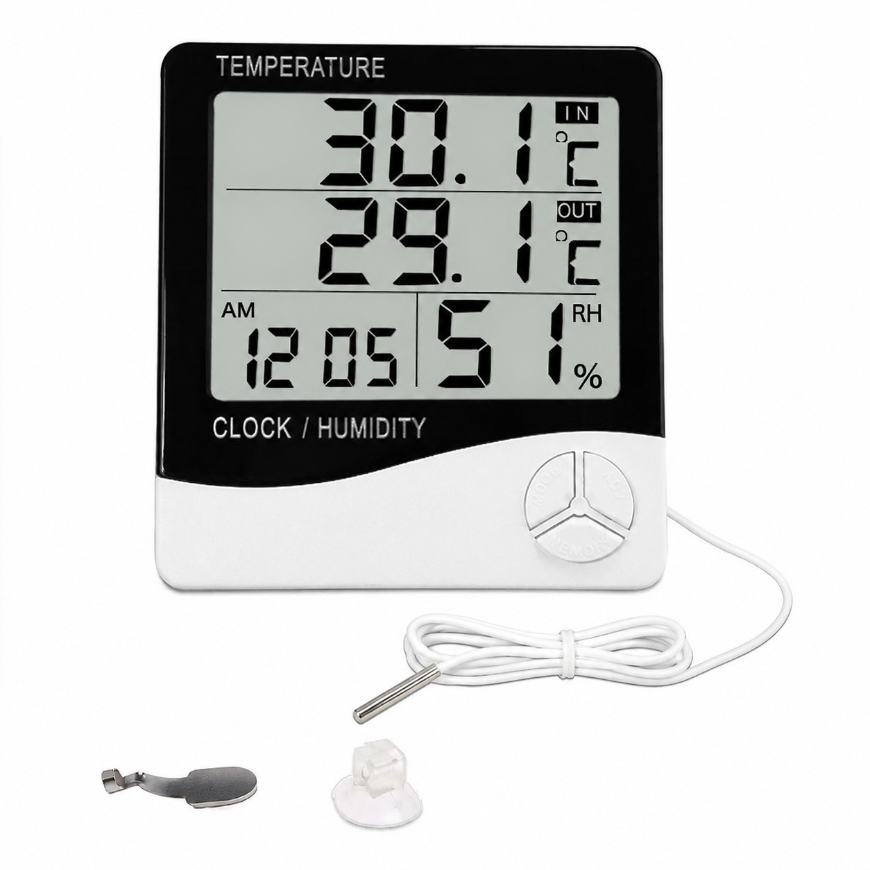 TEMU Digital Indoor Outdoor Thermometer Hygrometer With Clock, Lcd Temperature And Humidity Monitor, Remote Probe Sensor With White Cable, Max/min