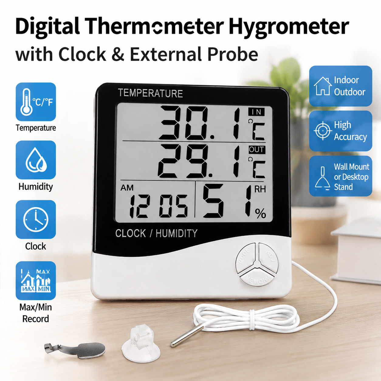 TEMU Digital Thermometer Hygrometer Clock, Indoor Outdoor Temperature & Humidity Monitor With Probe, Lcd Display, Max/min Record, Wall Mount/desktop