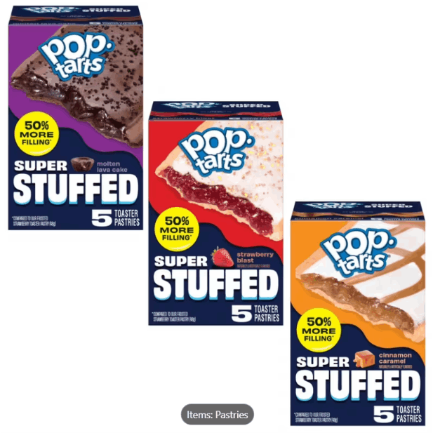 TEMU 3 Pack - Pop-tarts Super Stuffed Variety Pack – Strawberry Blast, Cinnamon Caramel & Molten Lava Cake 3 Flavor Collection