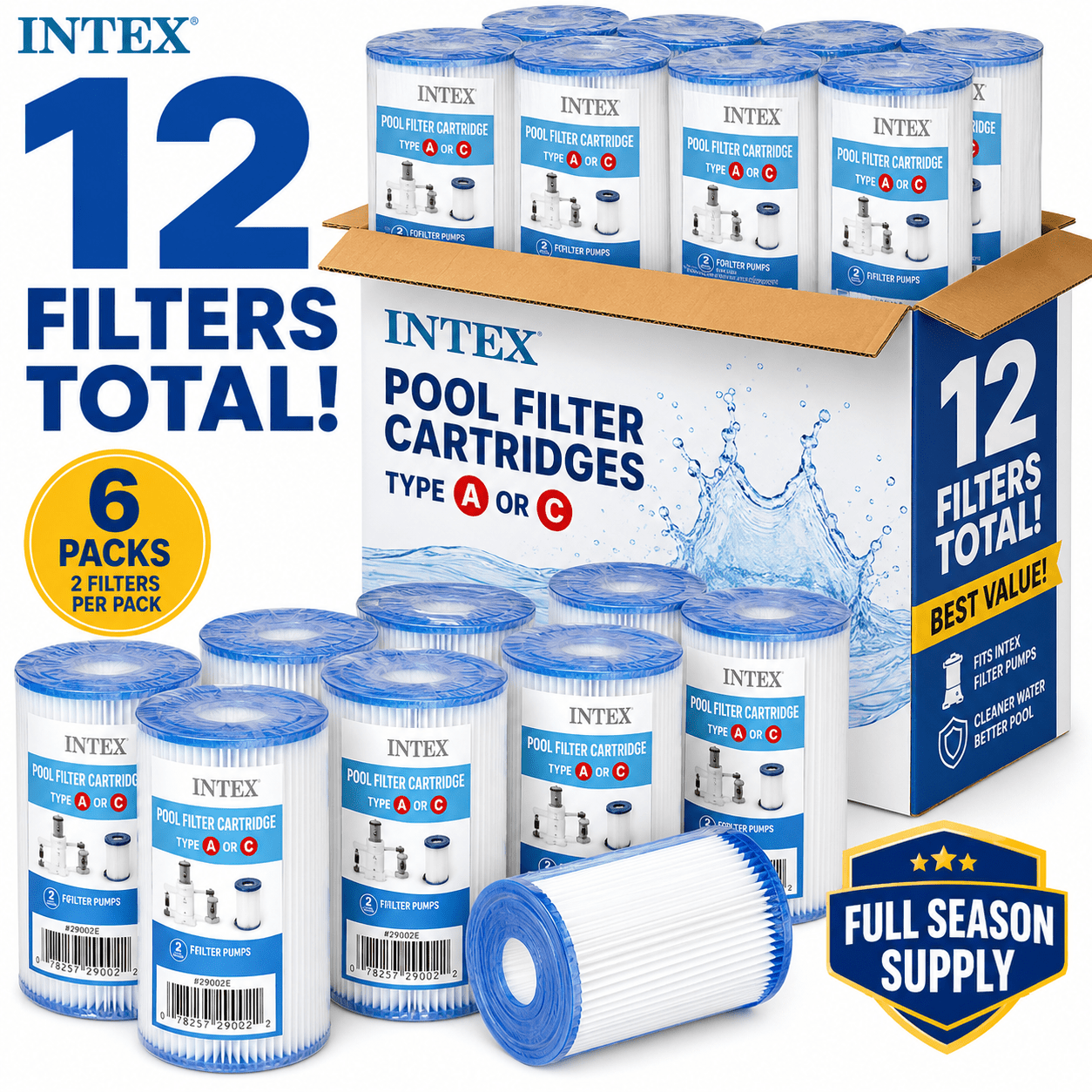 Intex Type A Or C Pool (6-pack, 12 Cartridges Total) - Replacement Cartridges For Above Ground Pool Filter Pumps, 4" X 8", Bulk