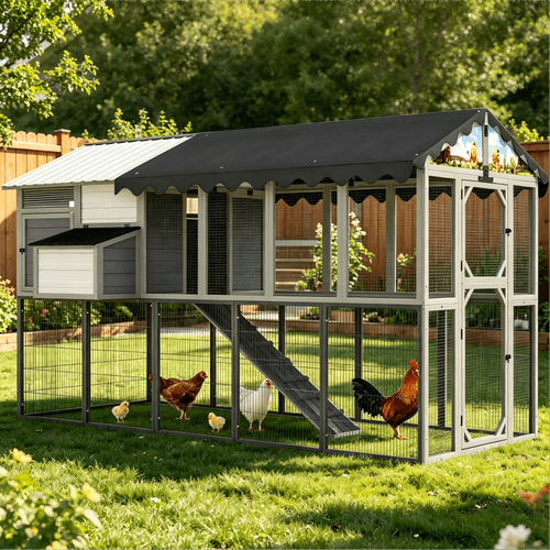 extra large chicken coop with run metal walk in with nesting box ramp roosts weatherproof poultry cage for backyard outdoors gray