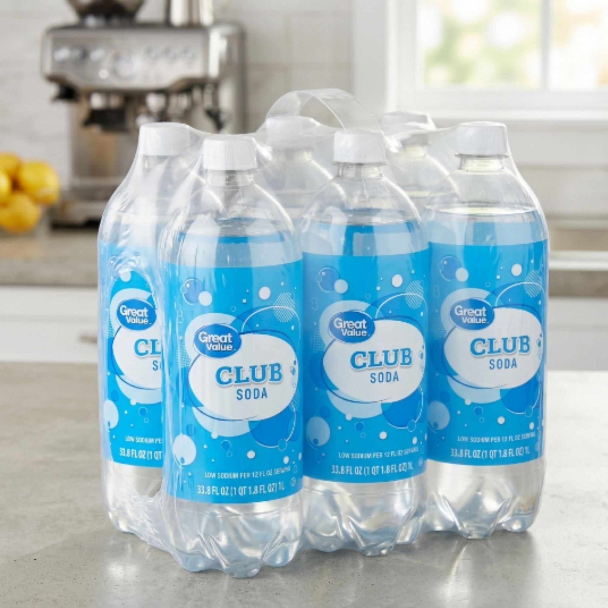 Great Value Low Sodium Club Soda Sparkling Water, 33.8 fl oz Bottle (6 Pack)