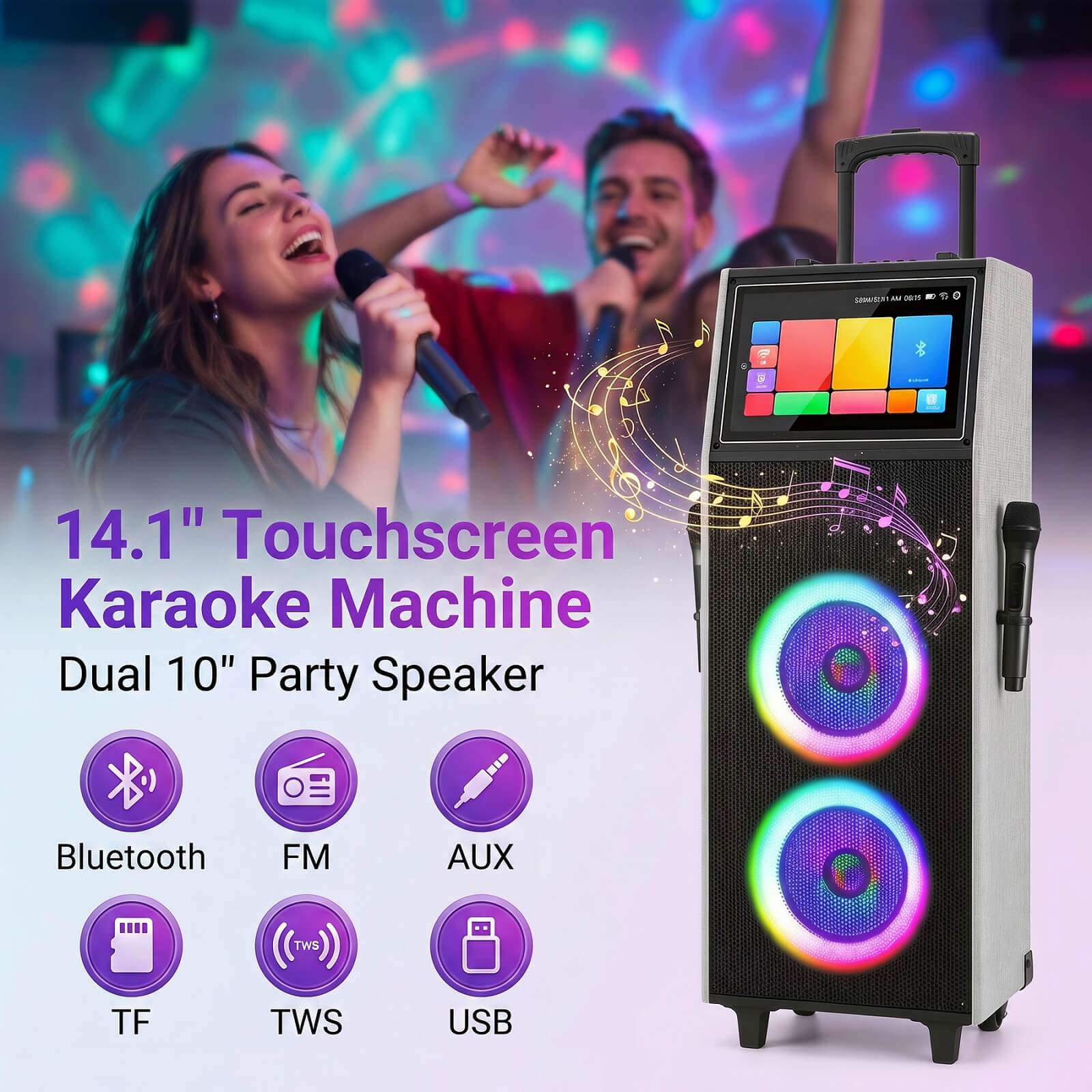 Portable Karaoke Machine with 14.1 Touchscreen, Dual 10 Wooden  , 2 Rechargeable Wireless Microphones, Bluetooth Speaker with guitar Input, USB/TF/FM/AUX, TWS Pairing, Built-In Rechargeable Battery & Sound-Activated 7-Color  