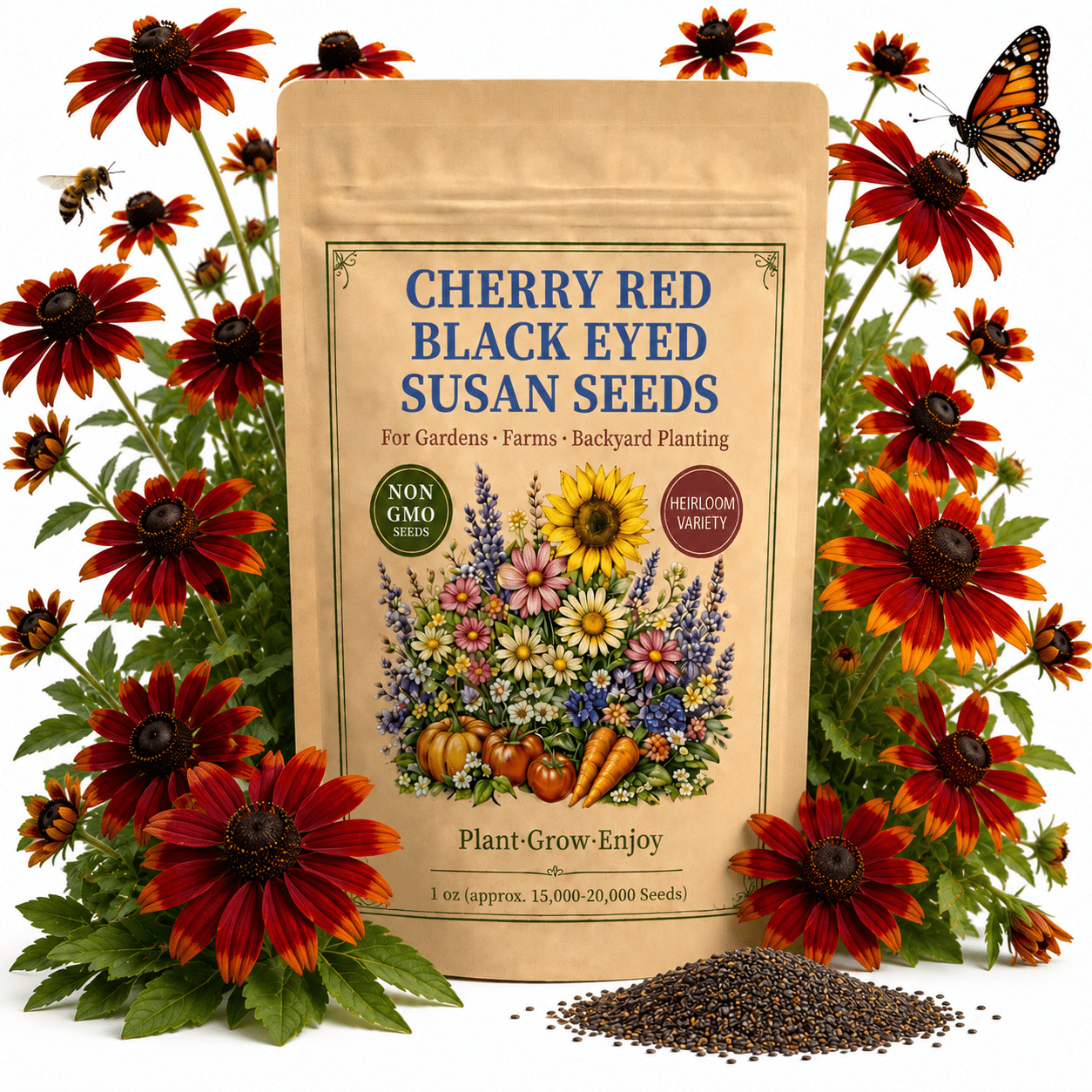 Cherry Red Black-Eyed Susan Seeds (Rudbeckia), 300+ Heirloom Seeds, Vibrant Red & Burgundy Petals, Drought Tolerant Perennial - Yard Ornament, Easy to Grow