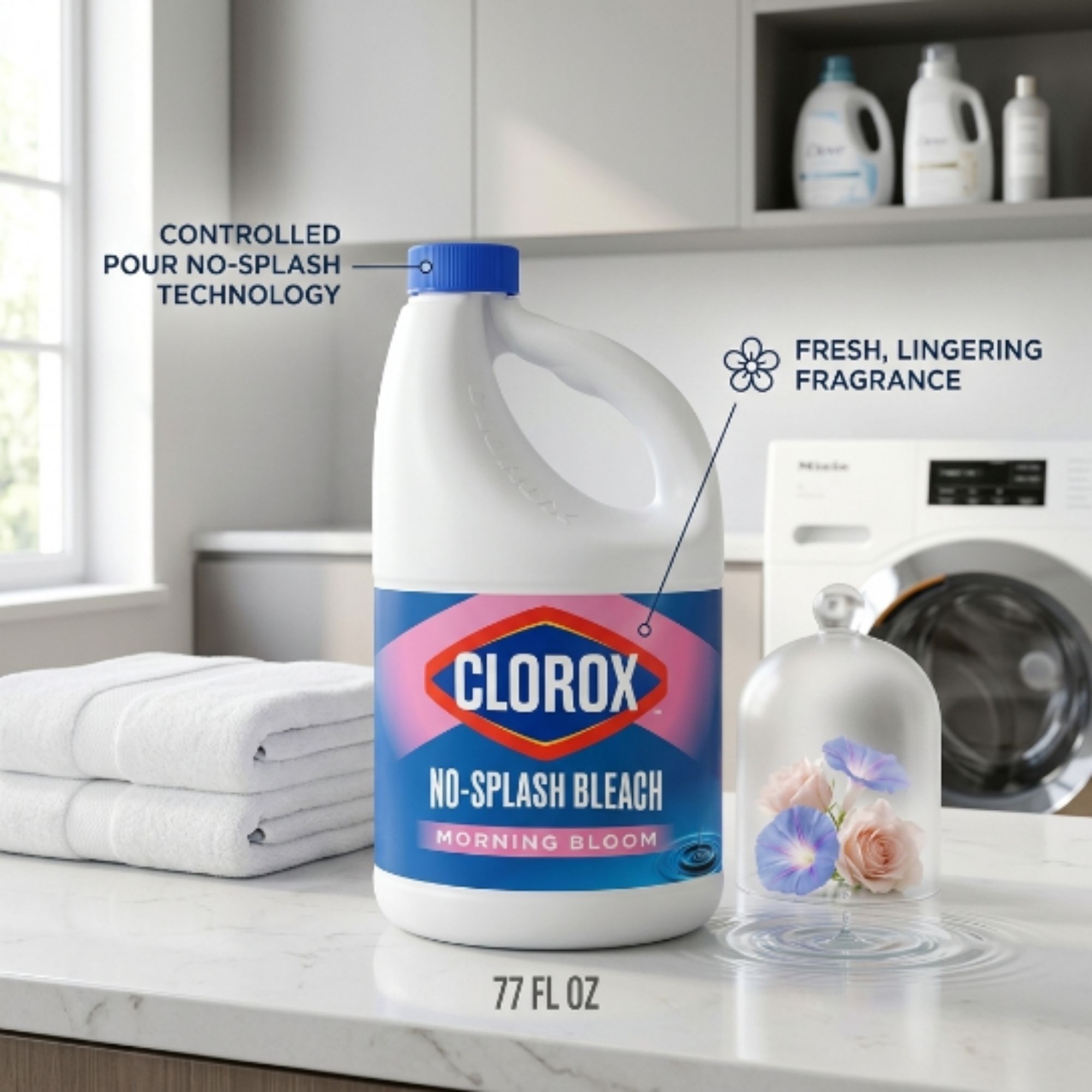 Clorox No-Splash Liquid Bleach, Morning Bloom Scent, 77 fl oz Bottle