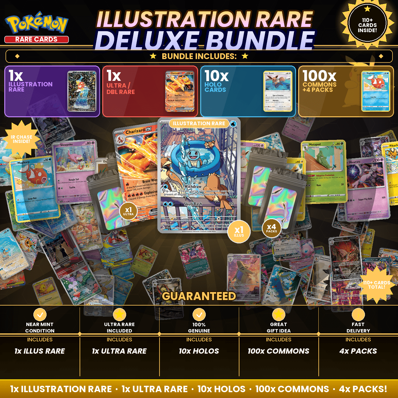 TEMU Pokémon Illustration Rare Deluxe Bundle | 110+ Cards | 1x Ir + 1x Ultra Rare + 10 + 100 + 4 Packs | | 100% Genuine