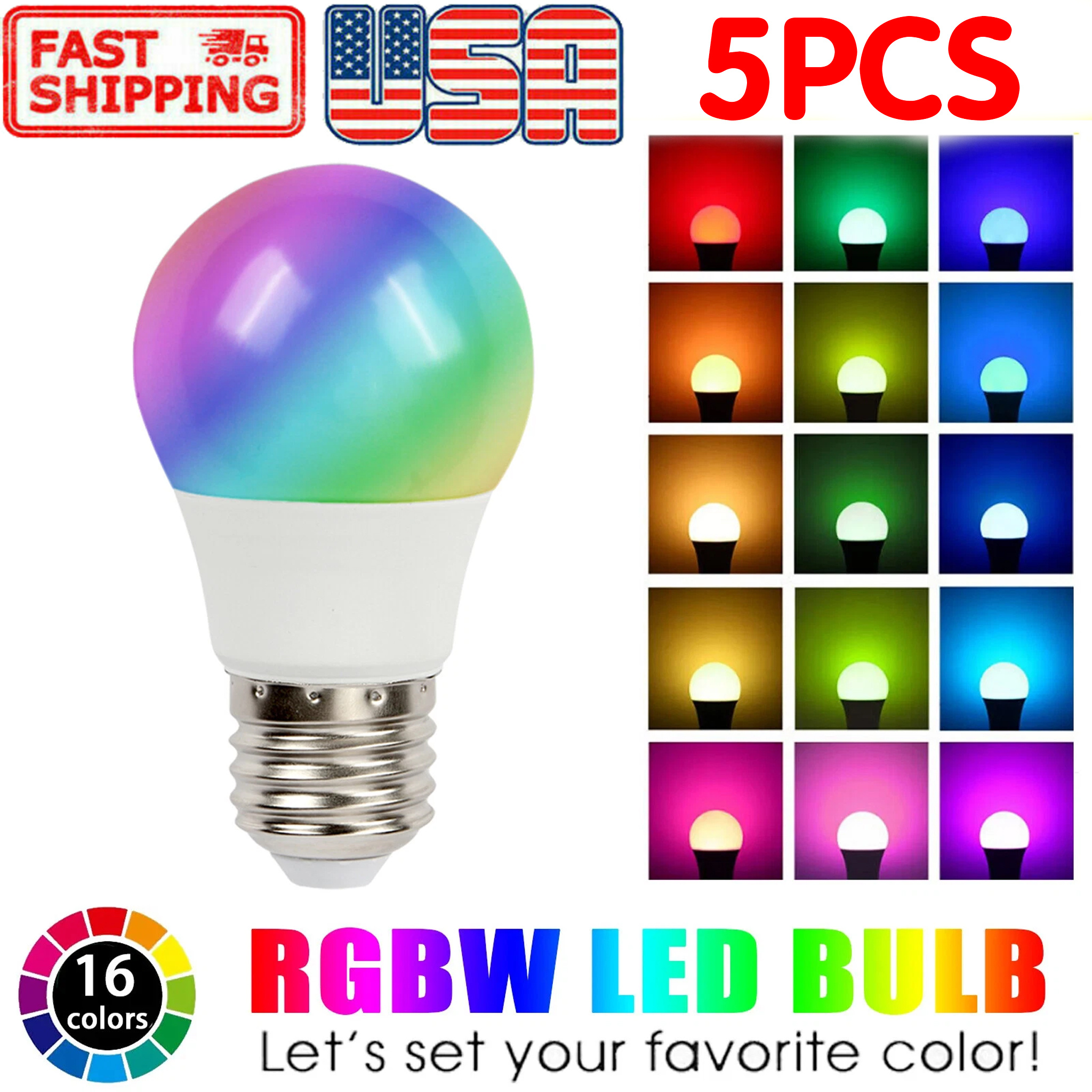 TEMU 5pcs E27 Rgb Led Light Bulb 16 Color Changing Dimmable Lamp Remote Control Colorful