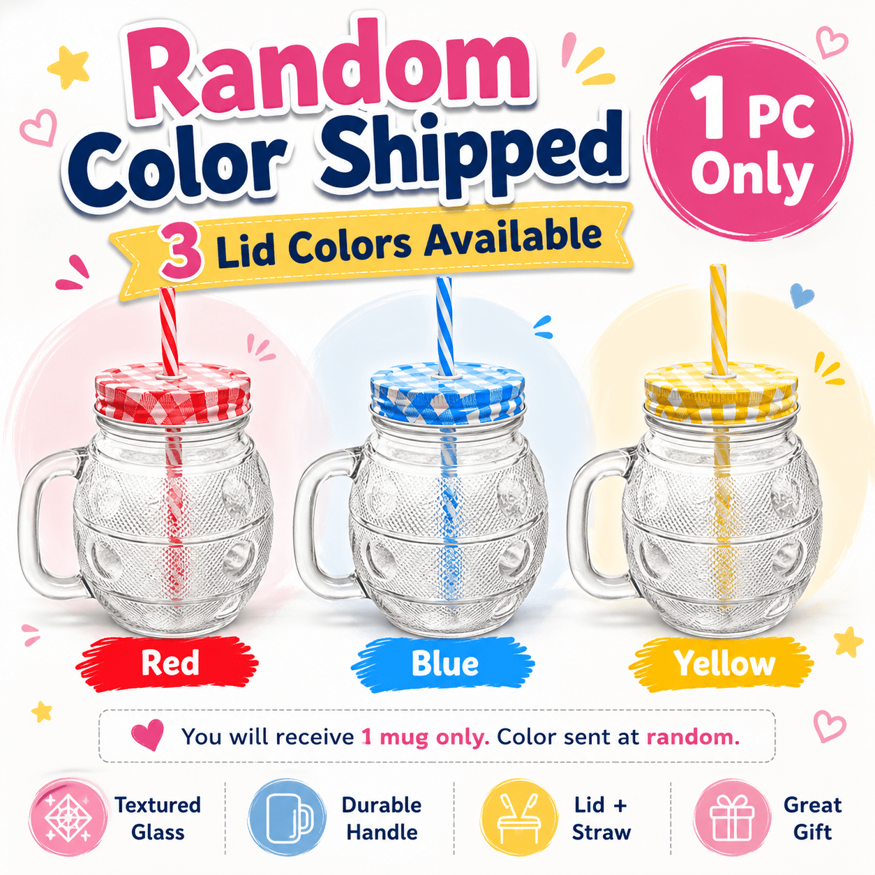 TEMU 1pc Glass Mason Cups, High- Material, Party Drink Glasses, Suitable For All Kinds Of Drinks, Ideal Gift , Suitable For Parties, , Holidays And