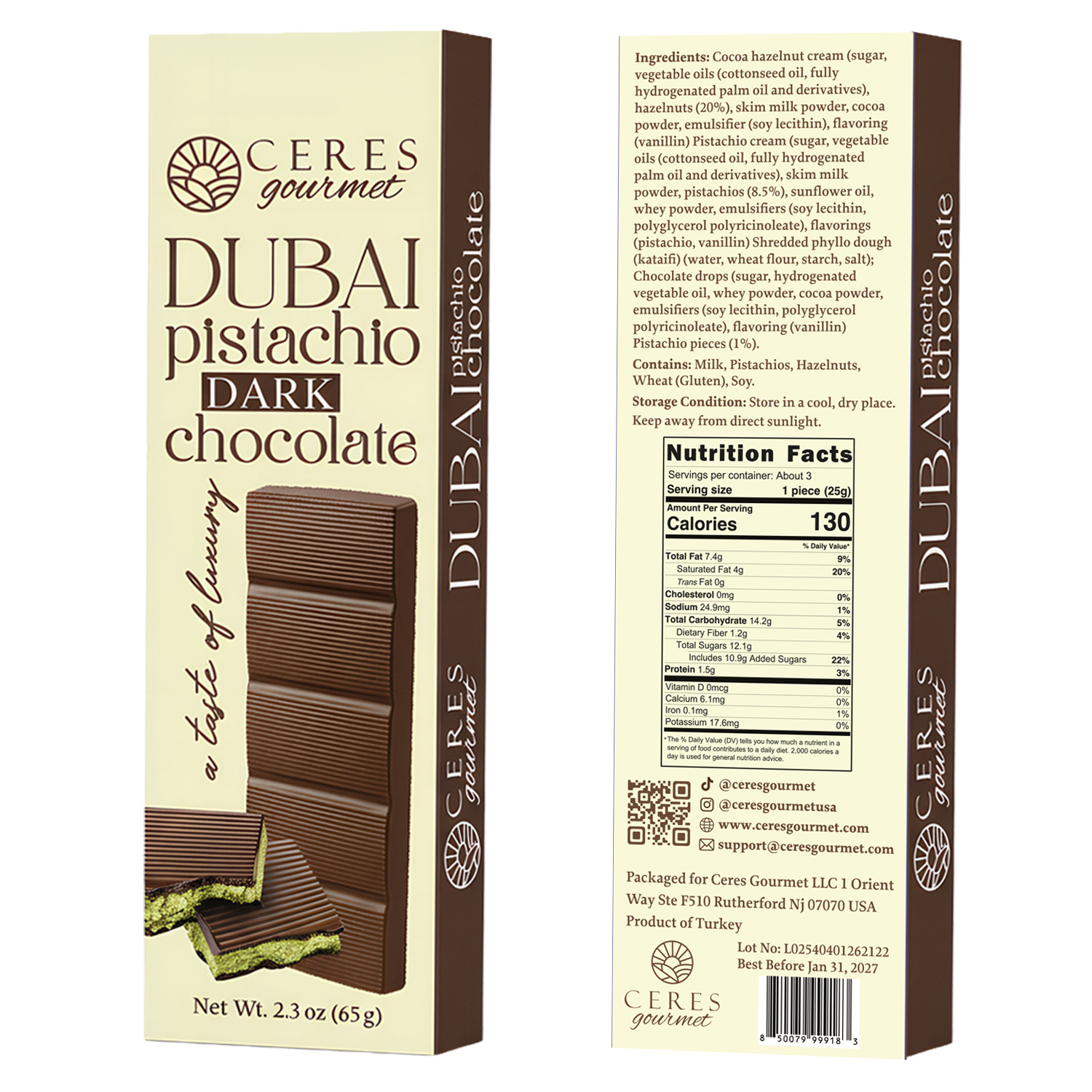 Ceres Gourmet Dubai Dark Chocolate Bar with Pistachio Cream and Kataifi, 2.3 oz Gourmet Bitter Chocolate Candy, Viral Snack Gift for Friends and Family