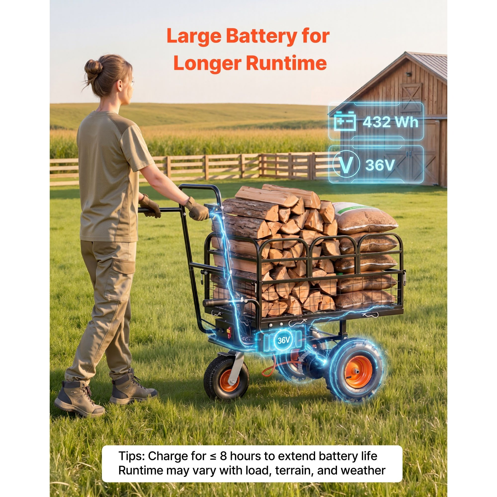 electric utility cart 36v 432wh battery powered electric wagon 500w power wheelbarrow with brake 500 lbs load heavy duty steel garden cart for farm and yard all purpose modular   Product details 4