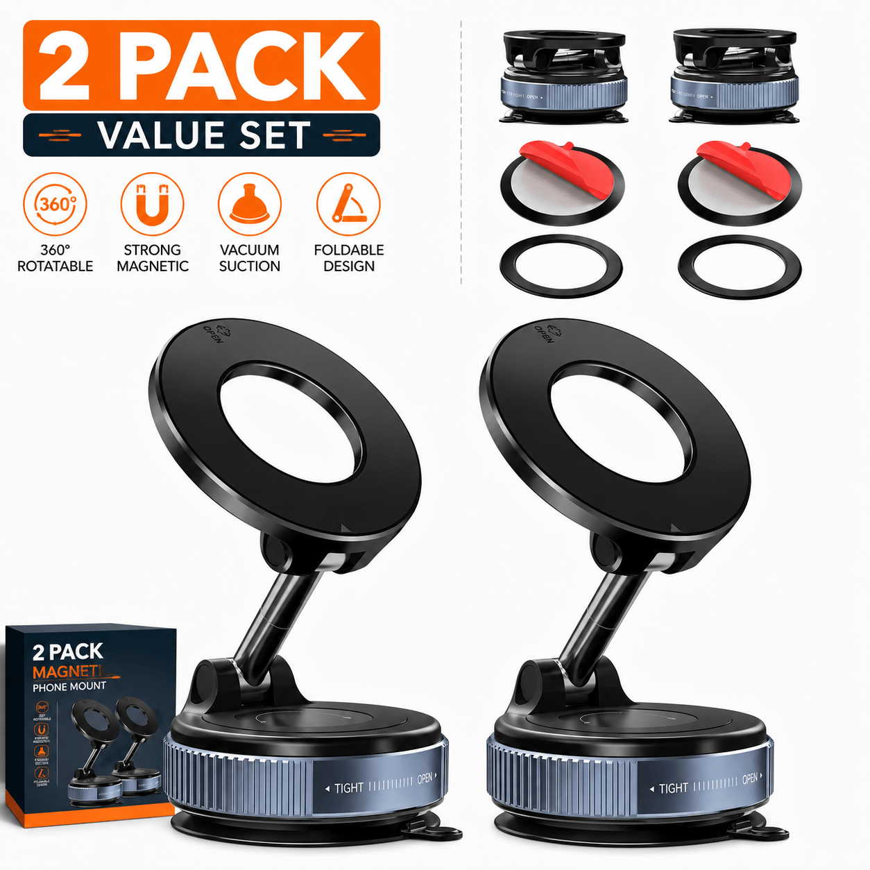 TEMU 2 Pack Magnetic Vacuum Phone Mount 360° Rotatable Foldable Car Holder Strong Suction For Iphone &