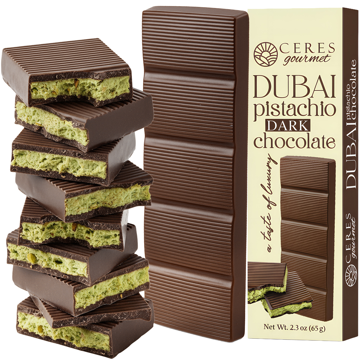 Ceres Gourmet Dubai Dark Chocolate Bar with Pistachio Cream and Kataifi, 2.3 oz Gourmet Bitter Chocolate Candy, Viral Snack Gift for Friends and Family