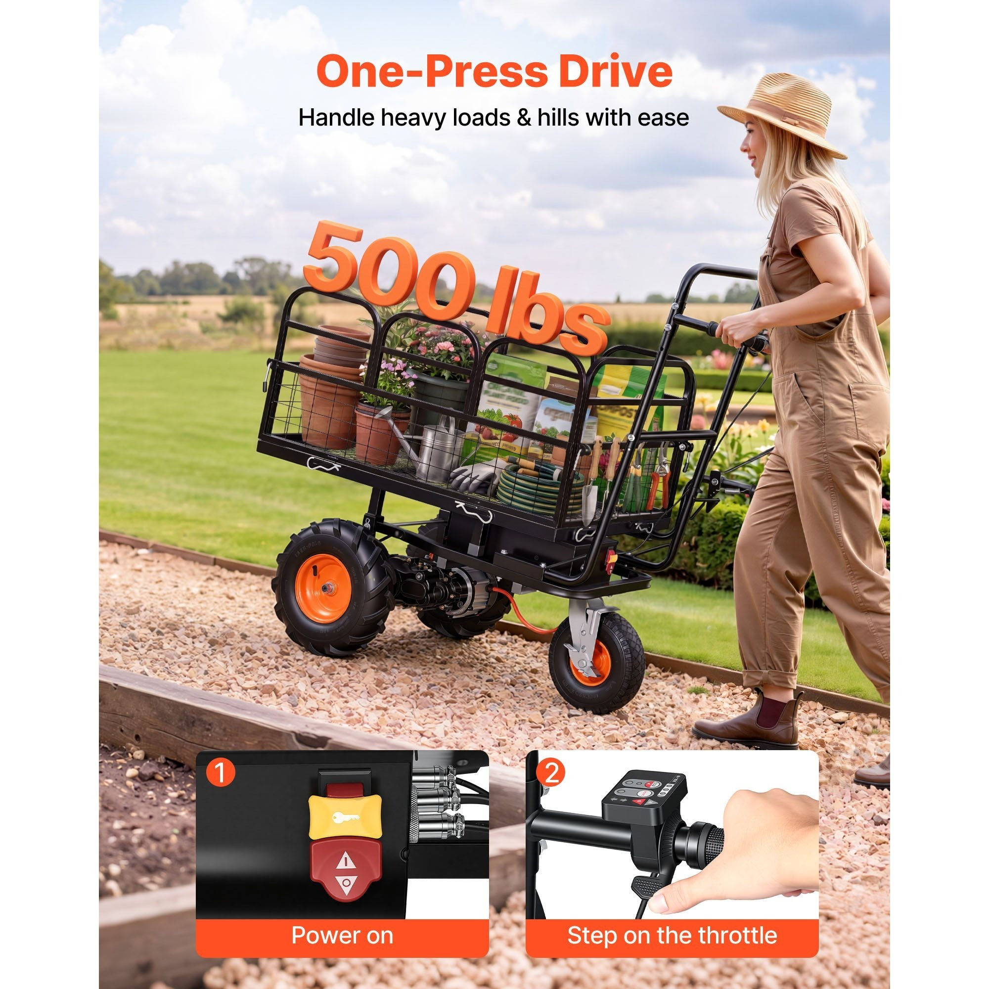 electric utility cart 36v 432wh battery powered electric wagon 500w power wheelbarrow with brake 500 lbs load heavy duty steel garden cart for farm and yard all purpose modular   Product details 0