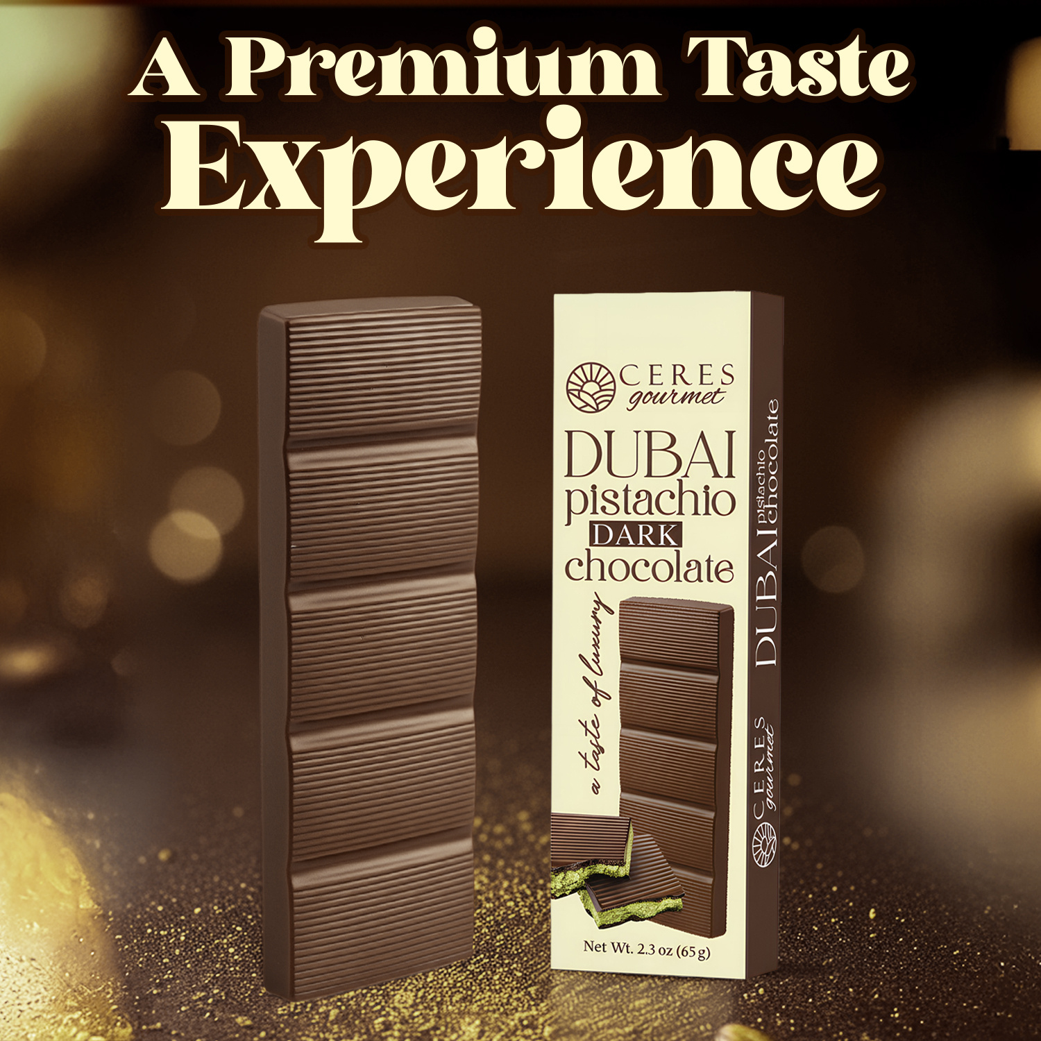 Ceres Gourmet Dubai Dark Chocolate Bar with Pistachio Cream and Kataifi, 2.3 oz Gourmet Bitter Chocolate Candy, Viral Snack Gift for Friends and Family