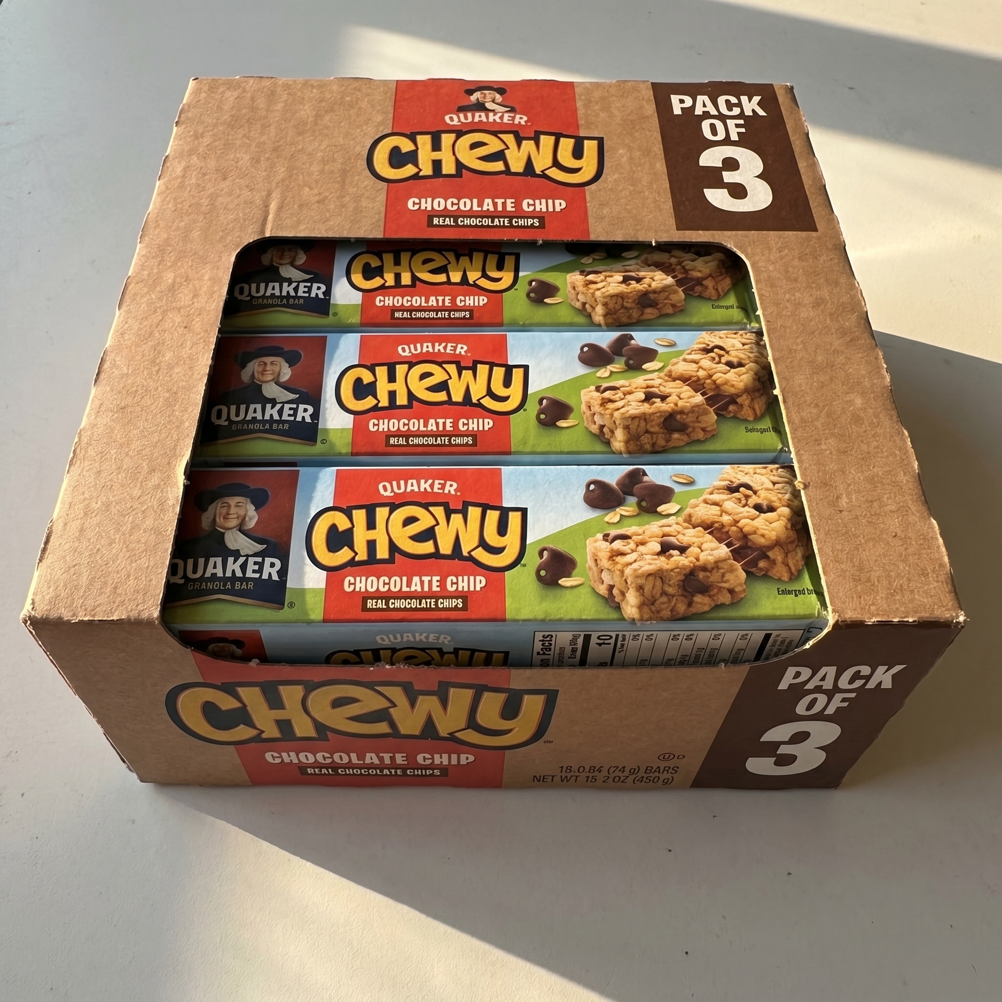 Quaker Chewy Chocolate Chip Granola Bars, 0.84 Oz Bars, 18 Count (Pack of 3 Boxes)