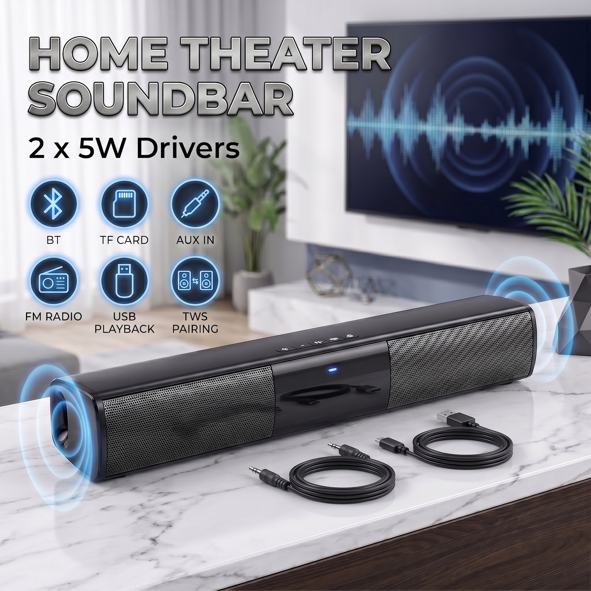 TEMU 2x5w Wireless Bluetooth Soundbar Speaker For Tv, Home Theater Stereo With Tws Pairing, Usb/tf Card/fm Radio/aux Input, Portable Wireless Speaker