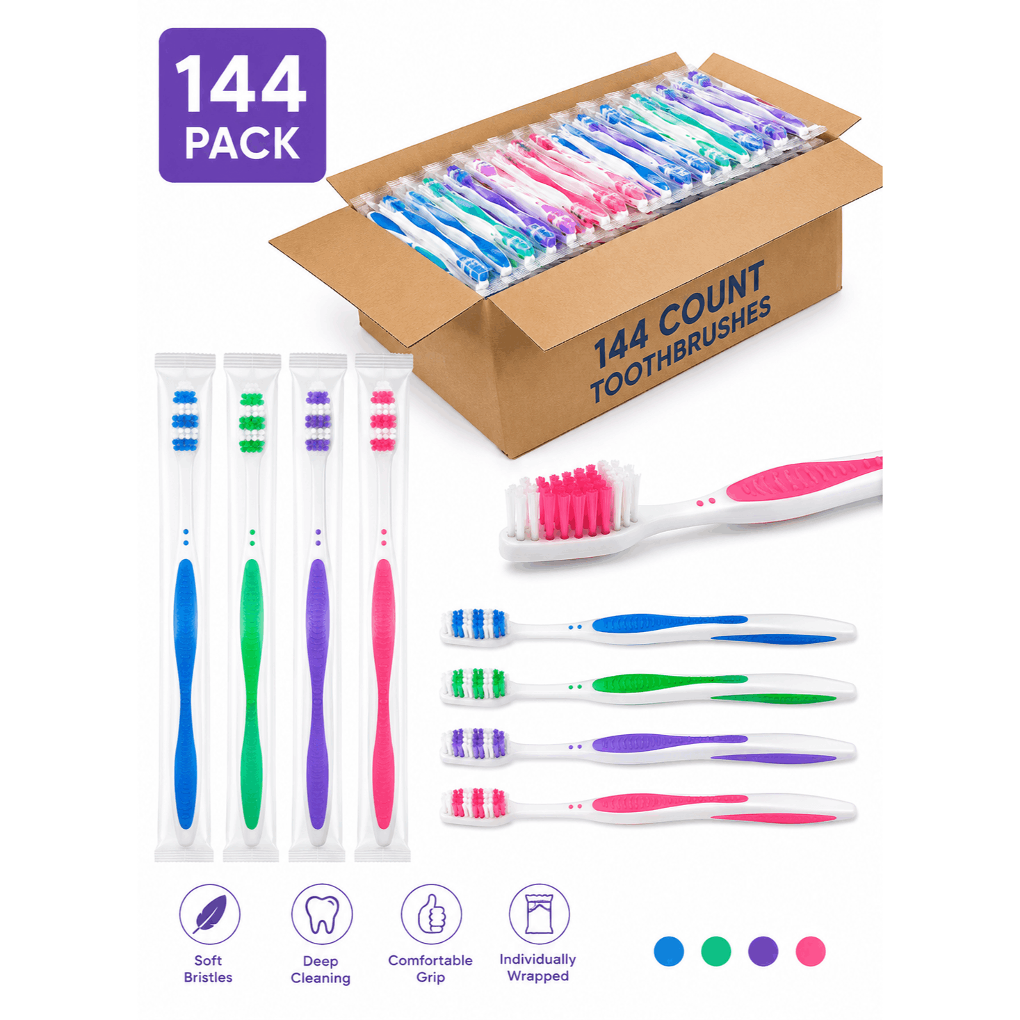 TEMU 144 Pack Bulk Individually Wrapped Toothbrushes, Soft Bristle Adult Travel Toothbrushes For Schools, Hotels, Churches, Shelters And Donations