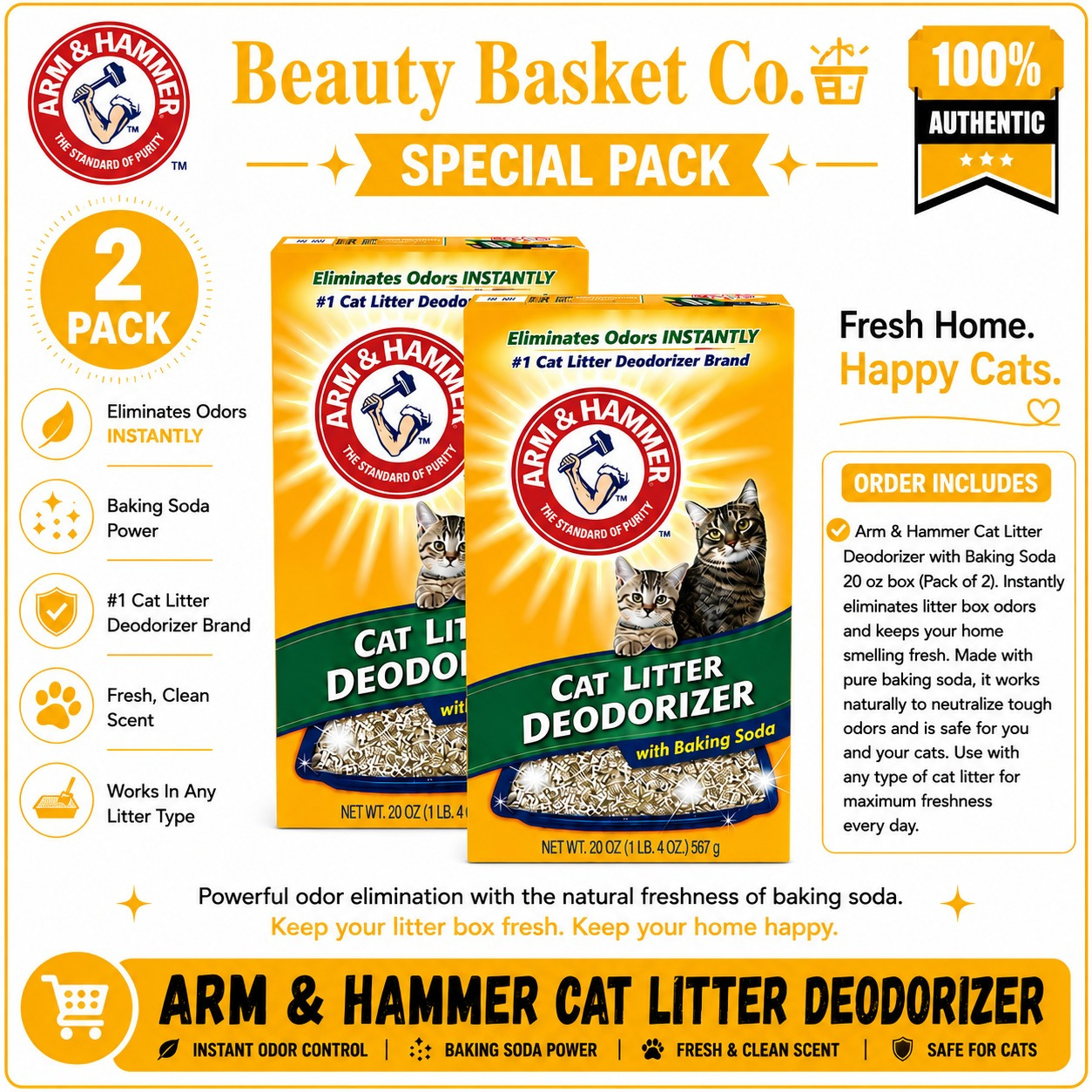 Arm & Hammer Cat Litter Deodorizer With Baking Soda, 20 Oz (567 G) Each, Pack Of 2, Reduce Litter Box Odors, Suitable For Most Cat Litter Types
