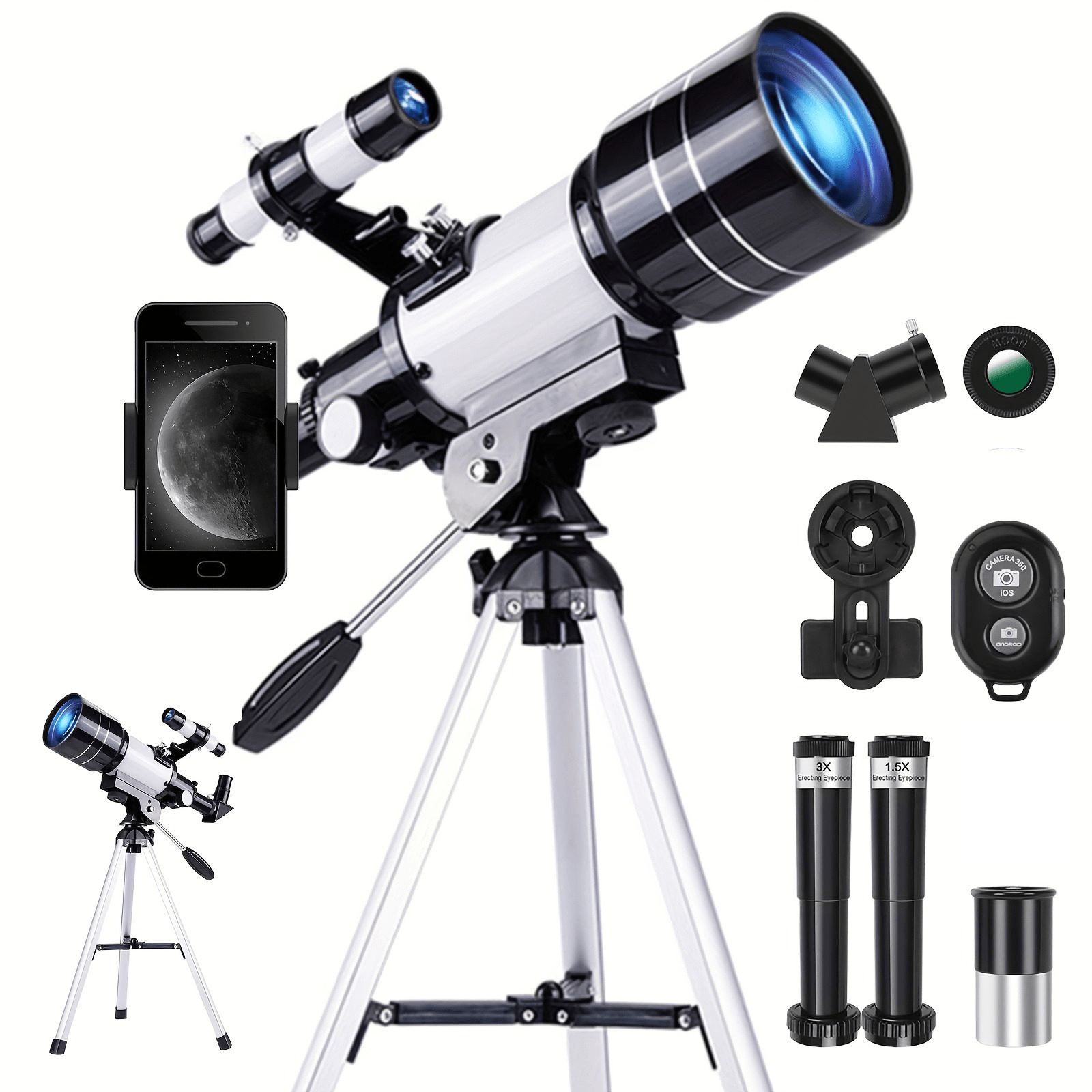 150x telescope 70mm aperture telescope suitable for adults portable astronomical telescope with tripod phone holder eyepiece   lens   big viewing nature education and exploration   the best christmas gift for family     Product details 0