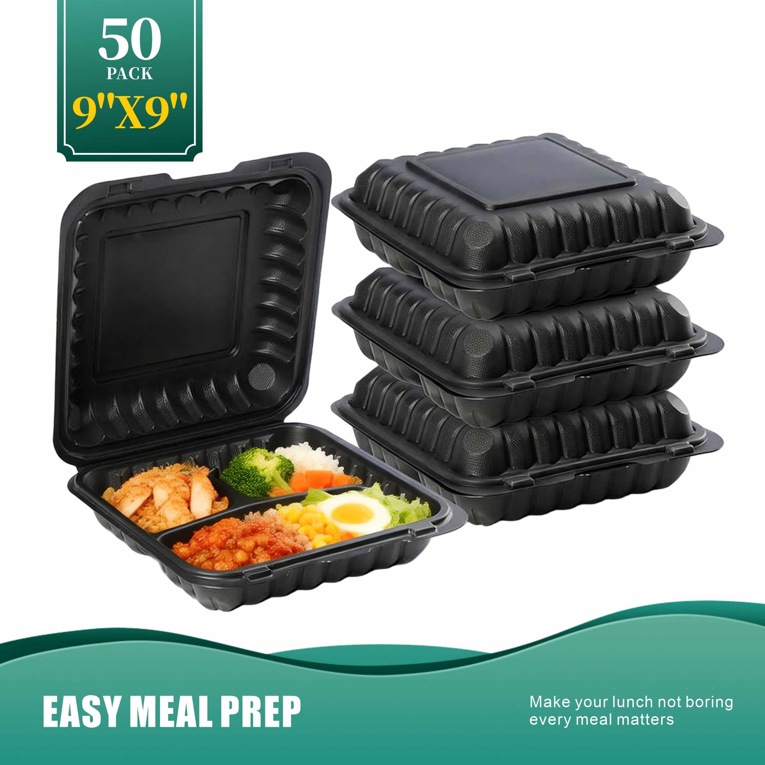 TEMU 50 Pack 9x9 Inch Black 3-compartment Takeout Containers, Heavy Duty Disposable Plastic Food Trays With Lids For Food Trucks & , Bpa-free Meal