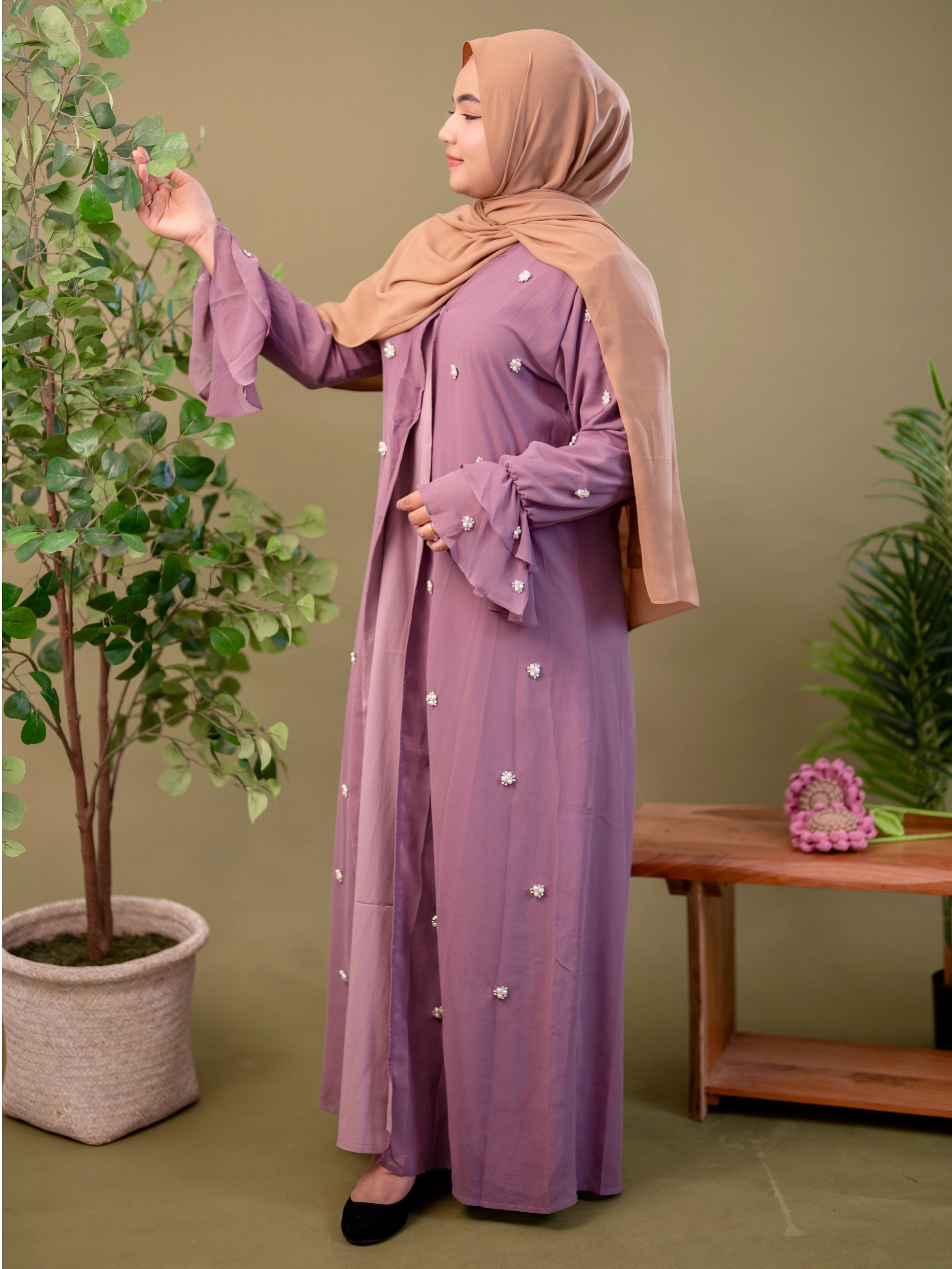 [Chiffon 2-Piece Abaya Set with Belt] Elegant Embroidered Layered Sleeve  Abaya - Crew Neck Inner Slip Dress - Muslim Women's Clothing - Arabian Wear  - Ramadan Dress - Eid Abaya