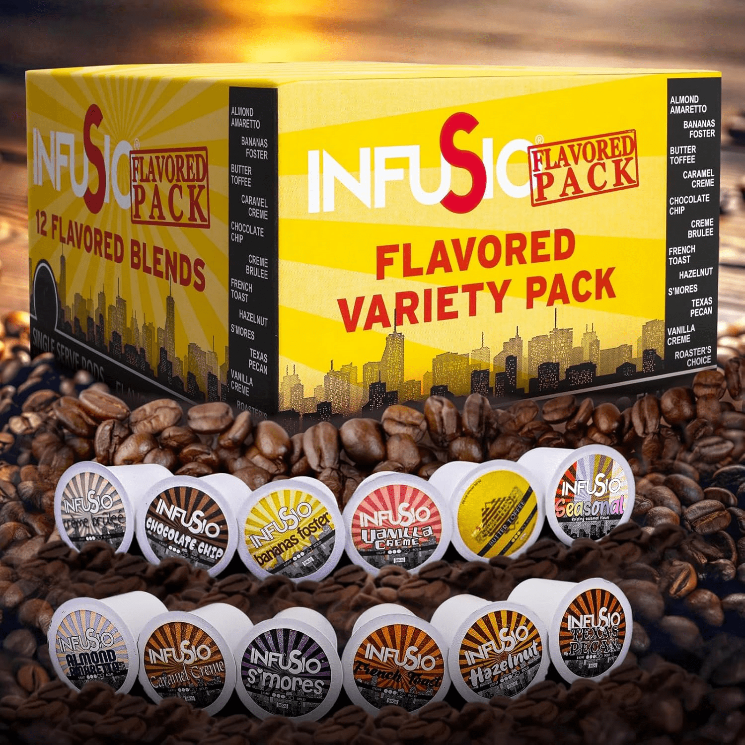 TEMU Infusio Flavored Coffee Pods Variety Pack – 12 Gourmet Medium Roast Dessert-inspired Blends Like Bananas Foster & Crème Brûlée, Compatible With