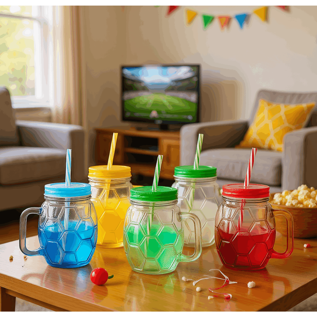 TEMU 15oz Mason Jar Mug With Lid & Straw &ndash; Random Color Soccer Pattern Glass Cup With Handle, Reusable Iced Coffee & Juice Tumbler Iced Coffee Cup For Juice, Milk, Smoothie, Summer Drinkware