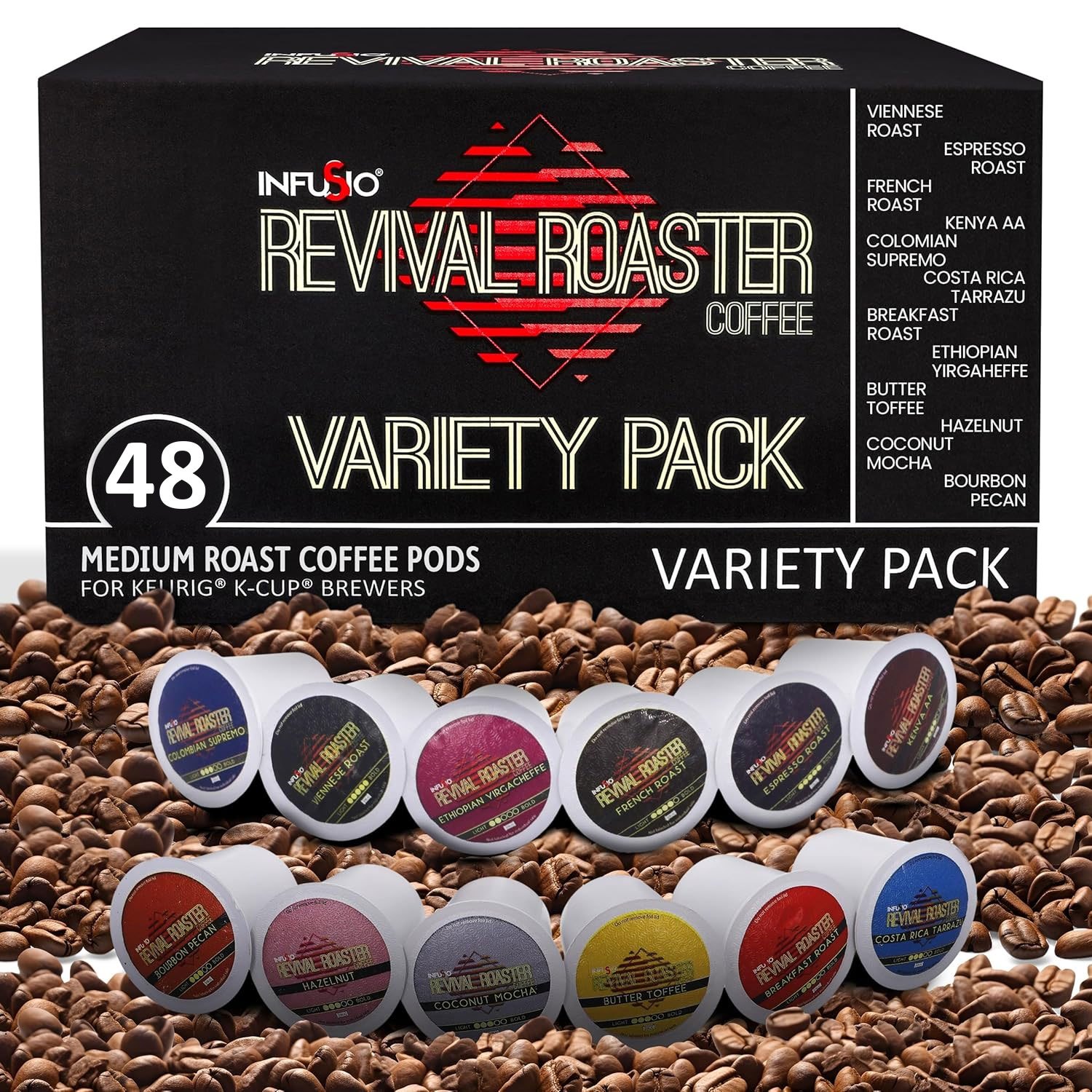 TEMU Infusio Coffee Pods Variety Pack – 96 Count, 12 Crafted Medium & Dark Roast Blends And Artisan-inspired Flavors Like Bourbon Pecan & Butter