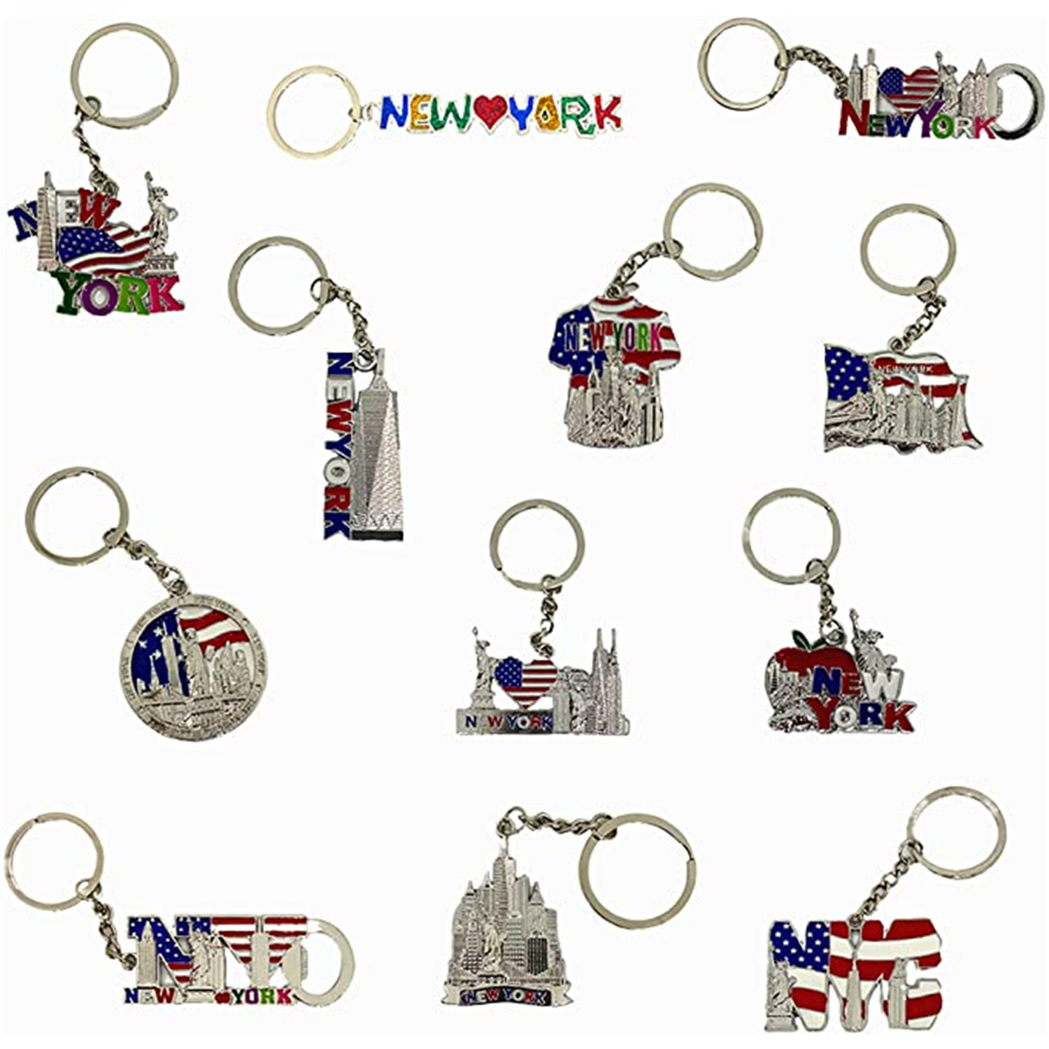 12 Pack Nyc Metal Keychain Souvenir Collection, Gift Set Tower, Statue Of , Usa Flag, And More
