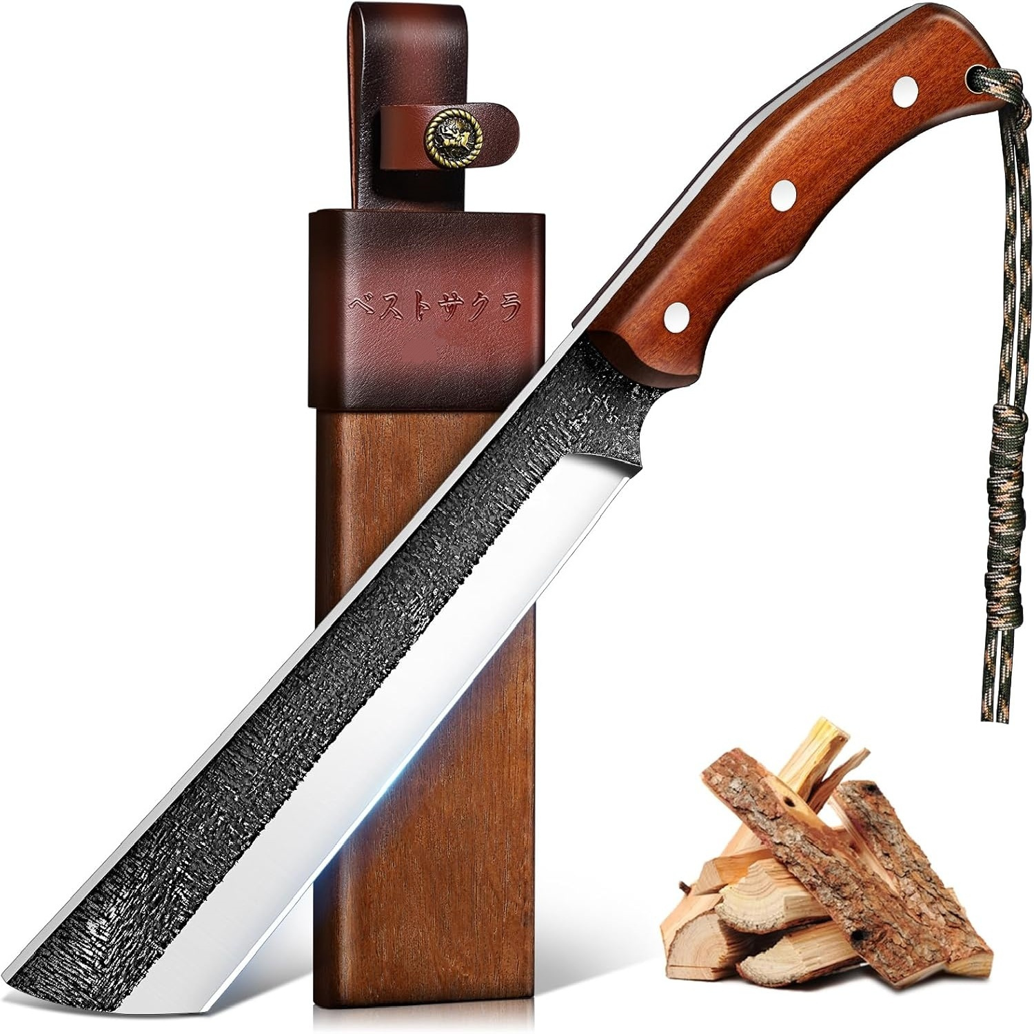 TEMU Outdoor Knife For Cutting Ropes Heavy Duty, Full Tang Knife With Wooden Sheath For Gardening, Camping, Bushcraft & , Gifts For Outdoor Men Women