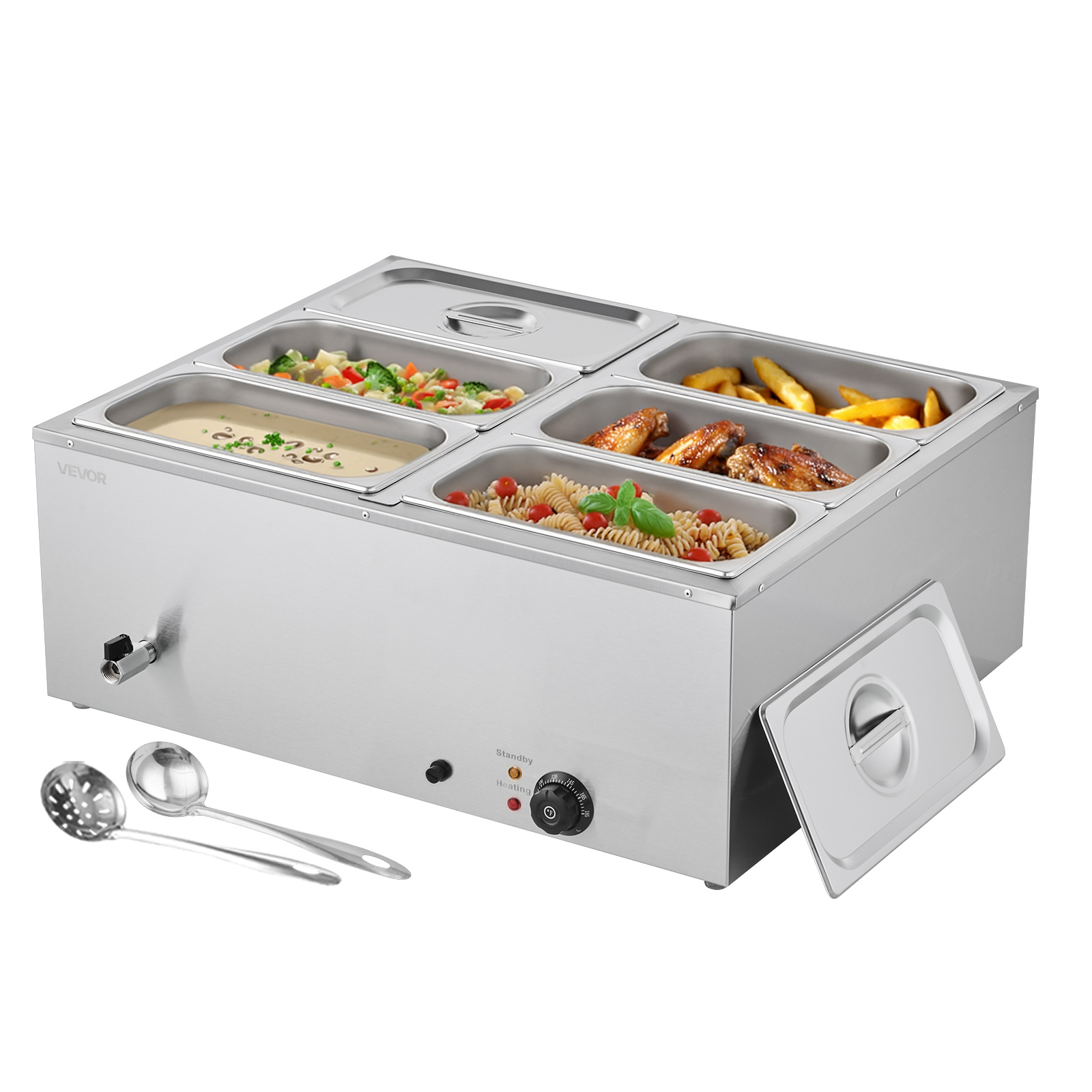 TEMU Commercial Food Warmer, 1500w Electric Stainless Steel Steam Food Warmer With Lid, 6-pan Fast Heating Countertop Buffet Bain Marie With Soup &