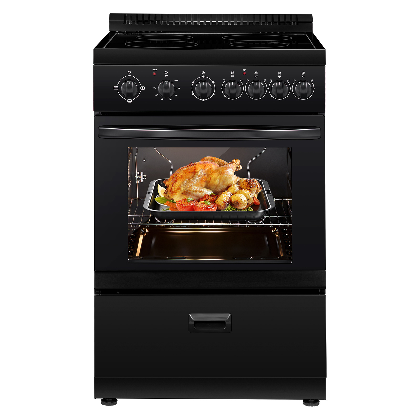 VEVOR 24 in Electric Range Oven, 2.7 Cu. Ft. Capacity Compact Freestanding Oven, Stainless Steel Kitchen Stove with 4 Burners, Easy Reach Rack, Storage Drawer, Drip Pan, Indicator Light (No Power Cord)