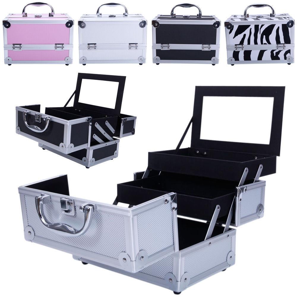 TEMU Professional Makeup Train Case, Large Capacity Aluminum Cosmetic Trolley Organizer, Portable Jewelry Storage Box With Adjustable Dividers &