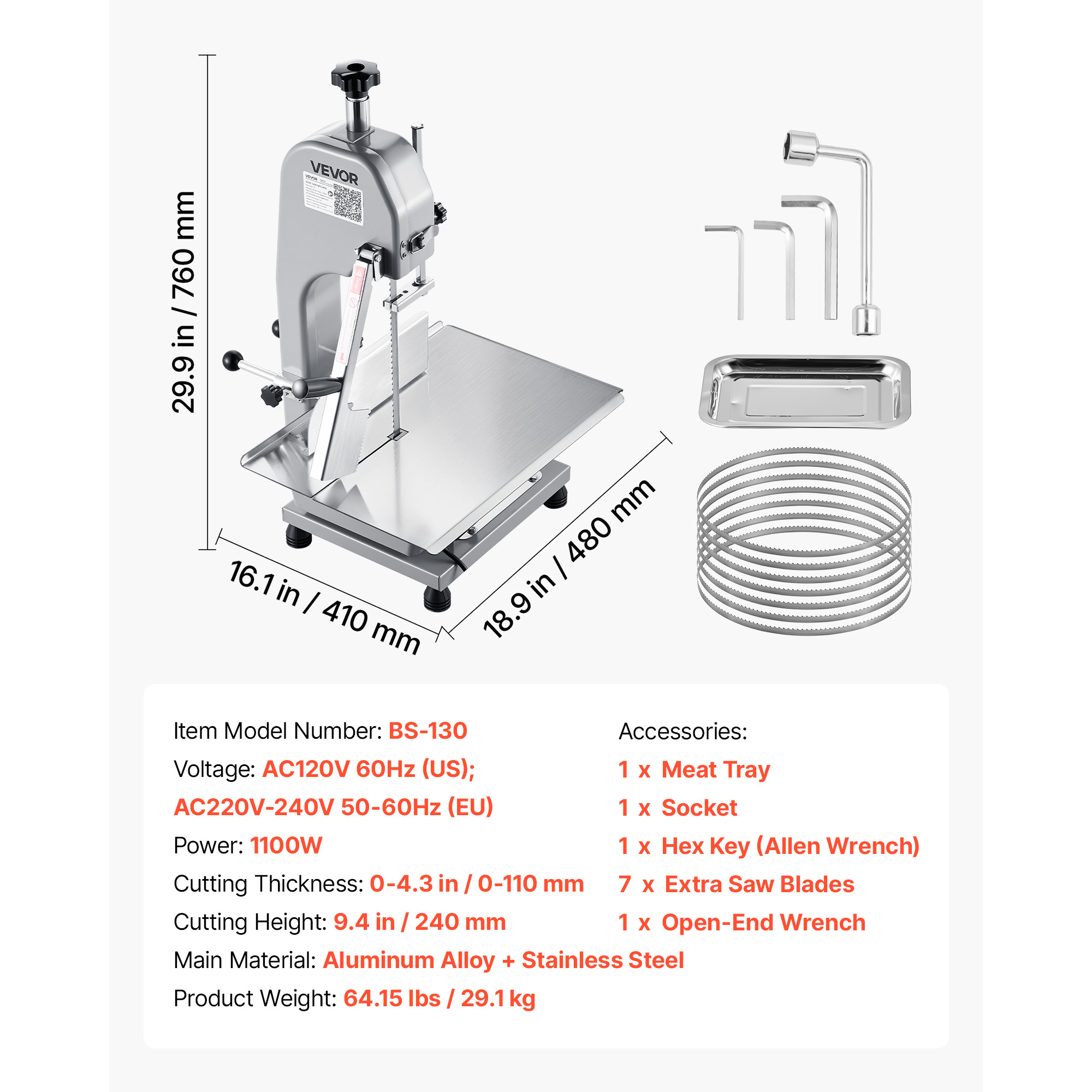 VEVOR Commercial Electric Meat Bandsaw, 1100W Bone Sawing Machine with 12.4