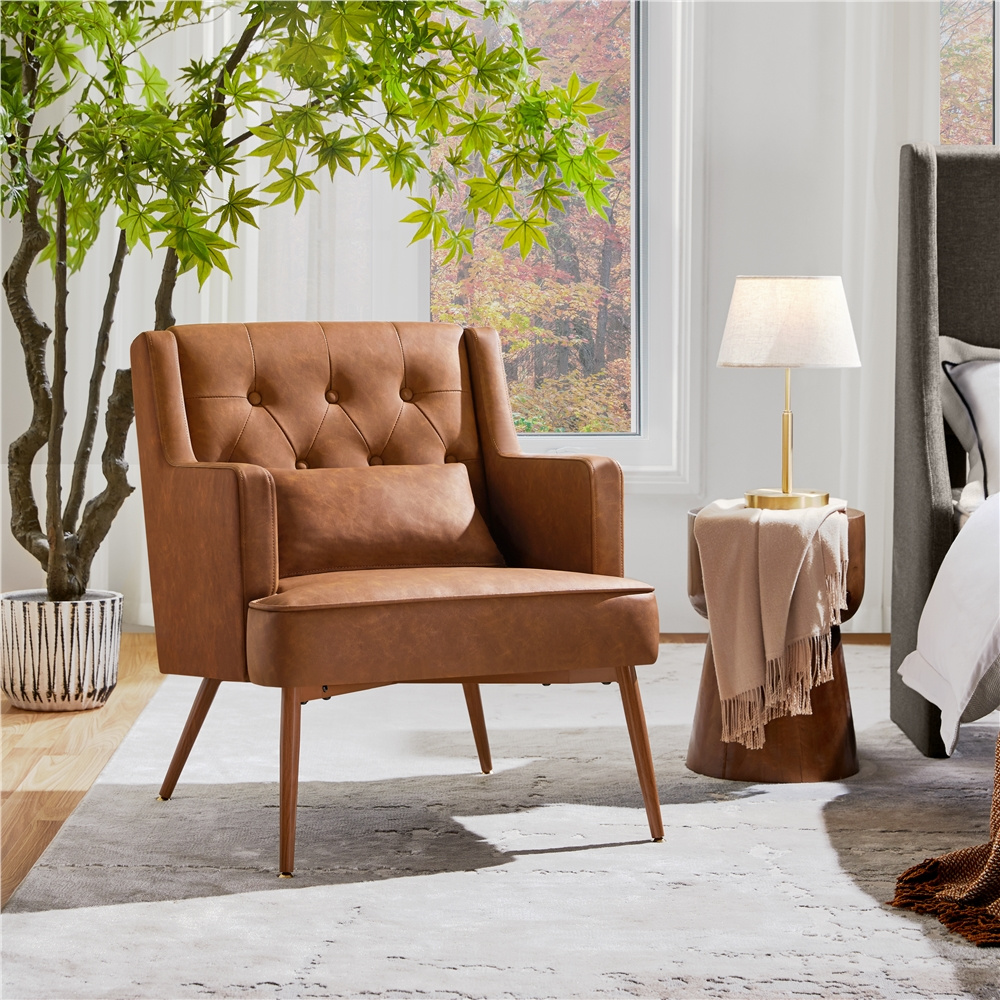 TEMU Pu Leather Armchair With Lumbar Pillow, Deep Seat Cushion, Wood-tone Metal Legs, Mid-century Modern Accent Chair For Living Room Bedroom Office