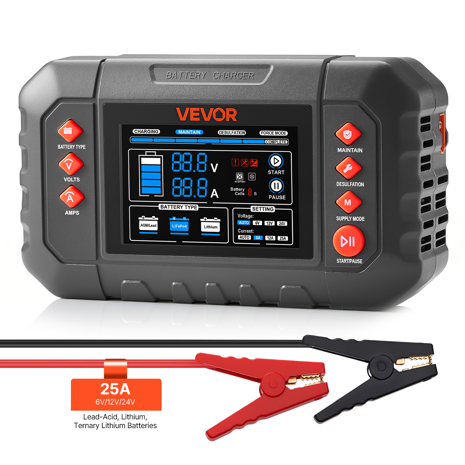 TEMU Smart Battery Charger, 25a, 6v 12v 24v Lithium Lifepo4 Lead-acid (gel/agm) Battery Charger, With 3.4-inch Lcd Display, Charging Maintainer