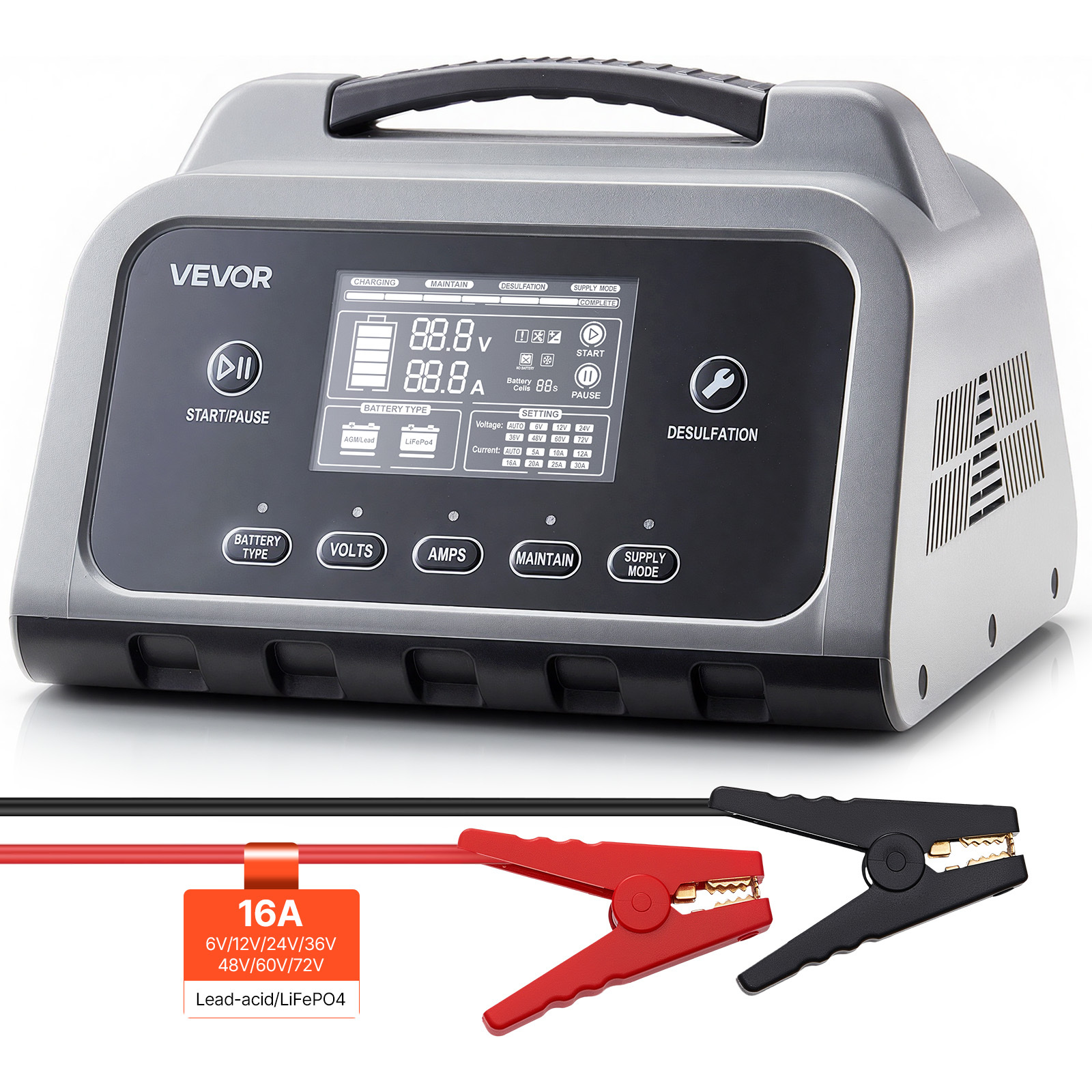 Vevor Smart Battery Charger, 16a, 6v 12v 24v 36v 48v 60v 72v Lithium Lifepo4 Lead-acid (gel/agm) Car Battery Charger, With Lcd Display, Charging Maintainer Desulfator, For Motorcycle