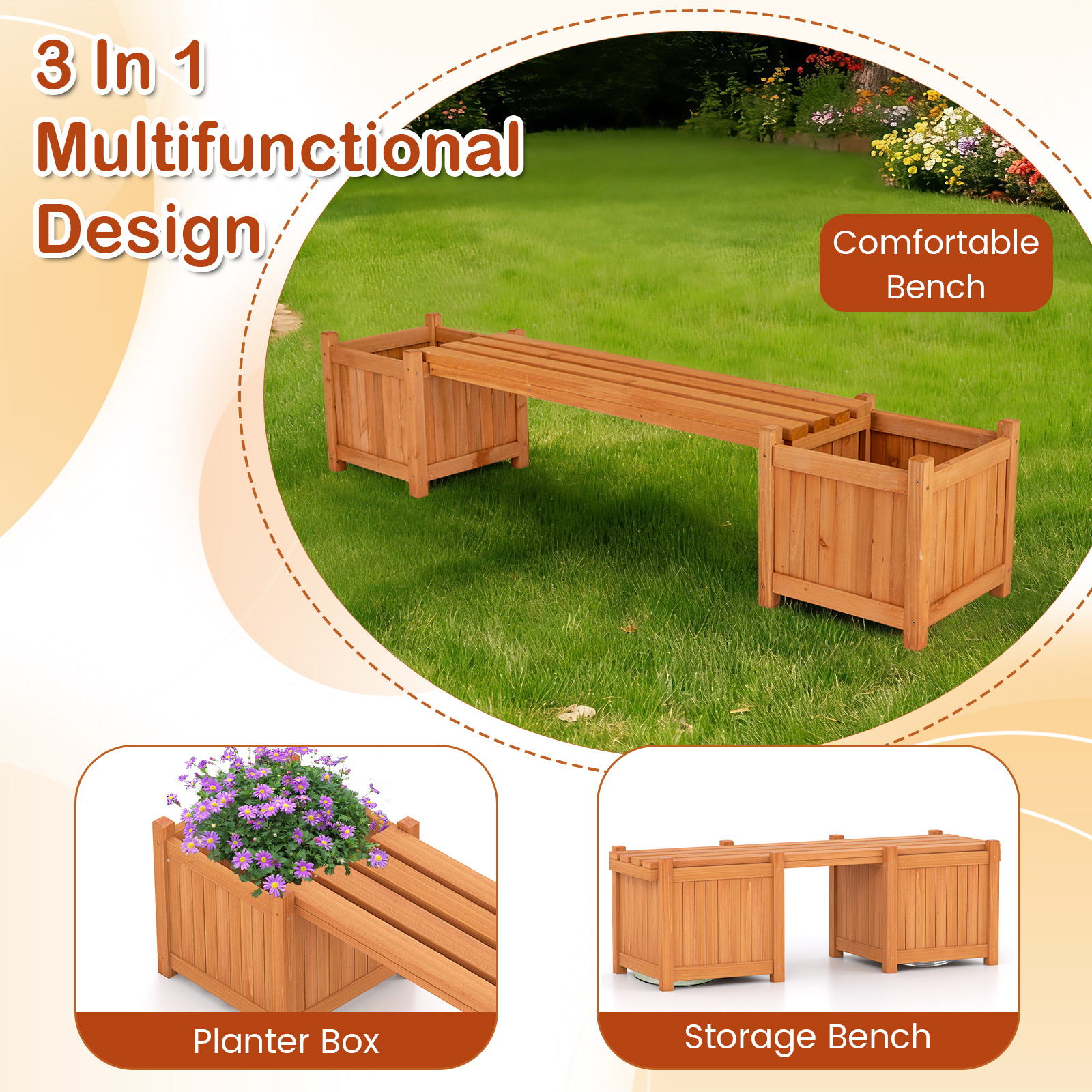COSTWAY Hardwood Planter Box w/ Bench, Garden Bench w/ 2 Side Flower Boxes, Teak Oil Finish & Open-ended Base, Outdoor Plant Container for Garden, Yard, Balcony, DIY Assembly