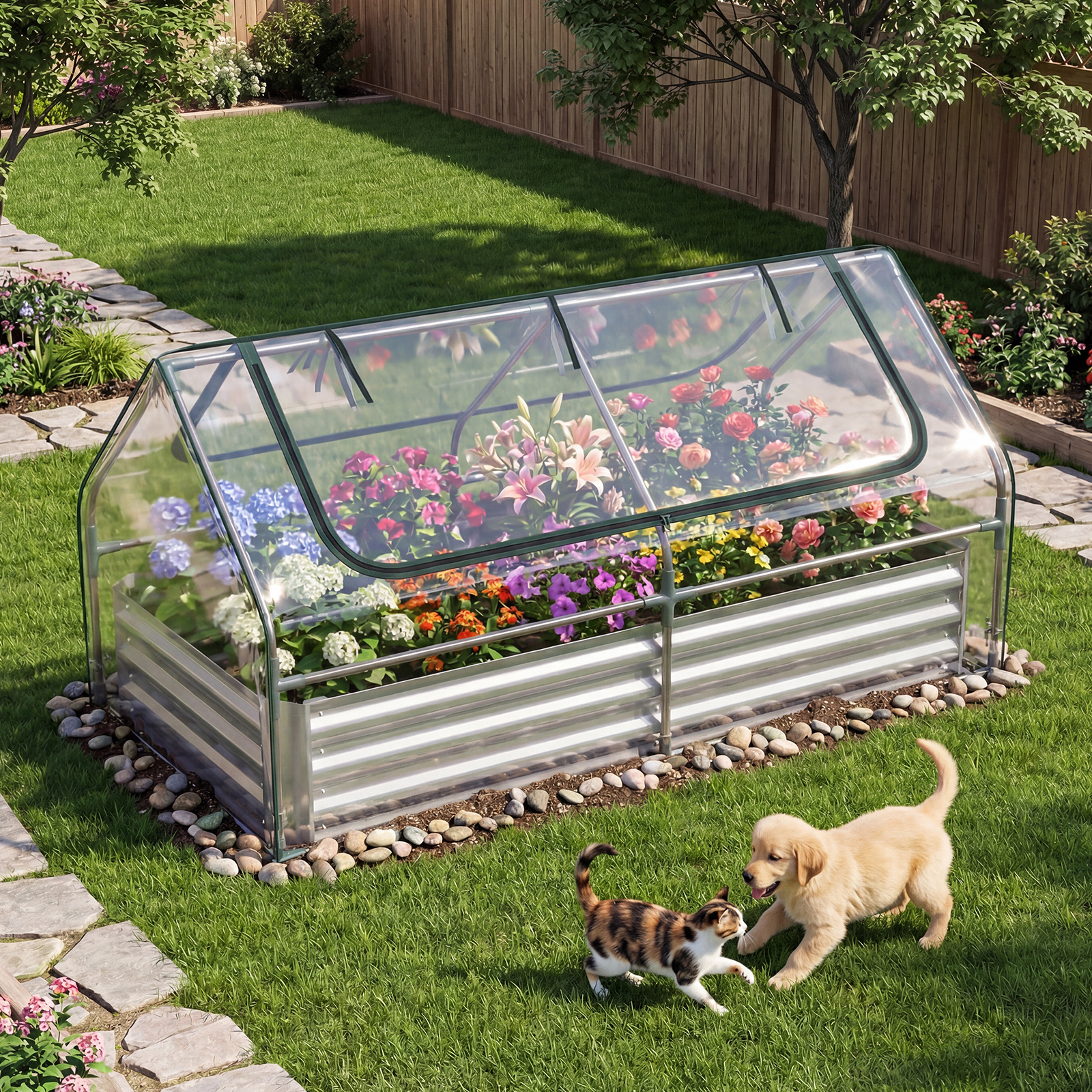   3 in 1 raised garden bed with greenhouse cover metal planter box kit with   up screen windows open   outdoor mini greenhouse for vegetables flowers herbs