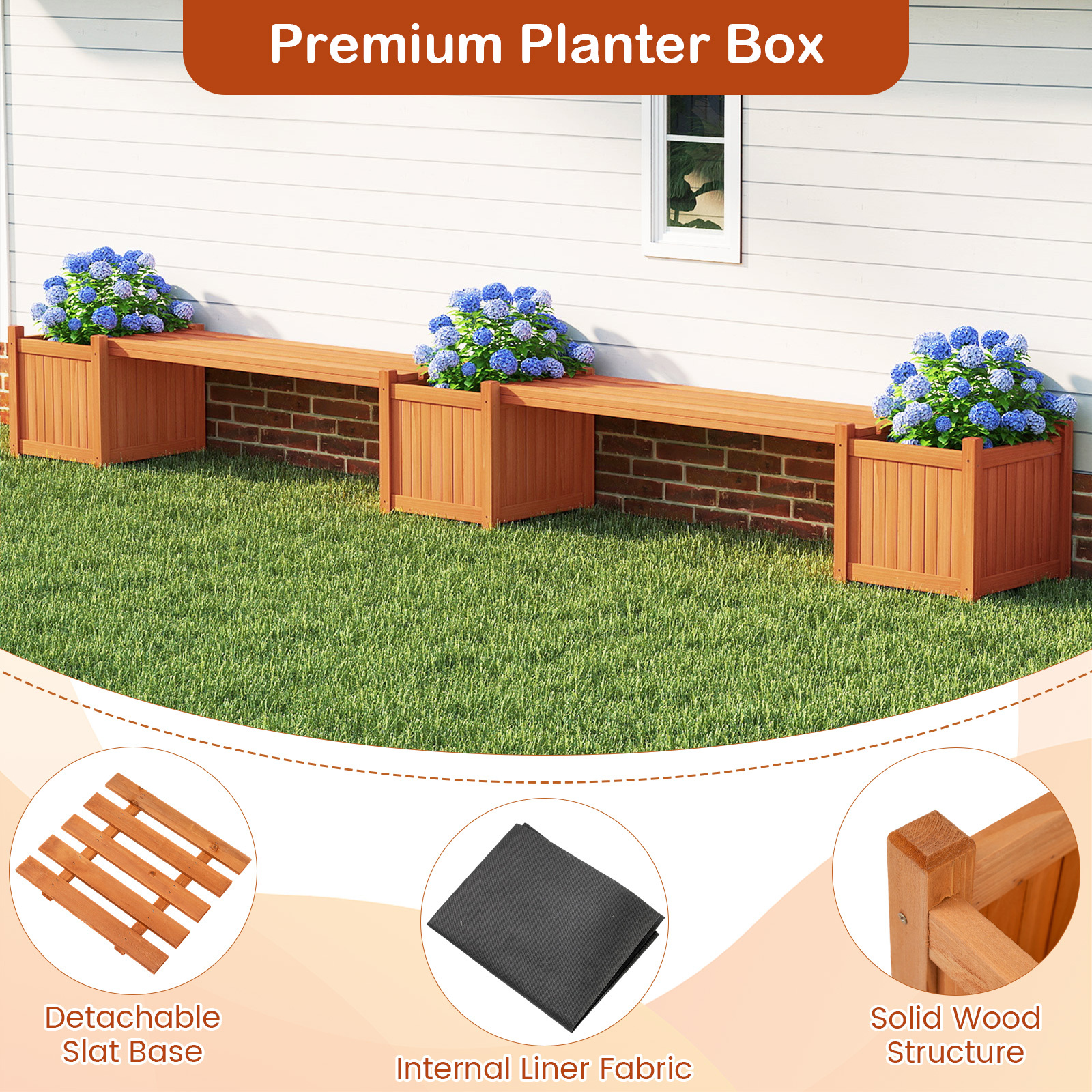 COSTWAY Hardwood Planter Box w/ Bench, Garden Bench w/ 2 Side Flower Boxes, Teak Oil Finish & Open-ended Base, Outdoor Plant Container for Garden, Yard, Balcony, DIY Assembly
