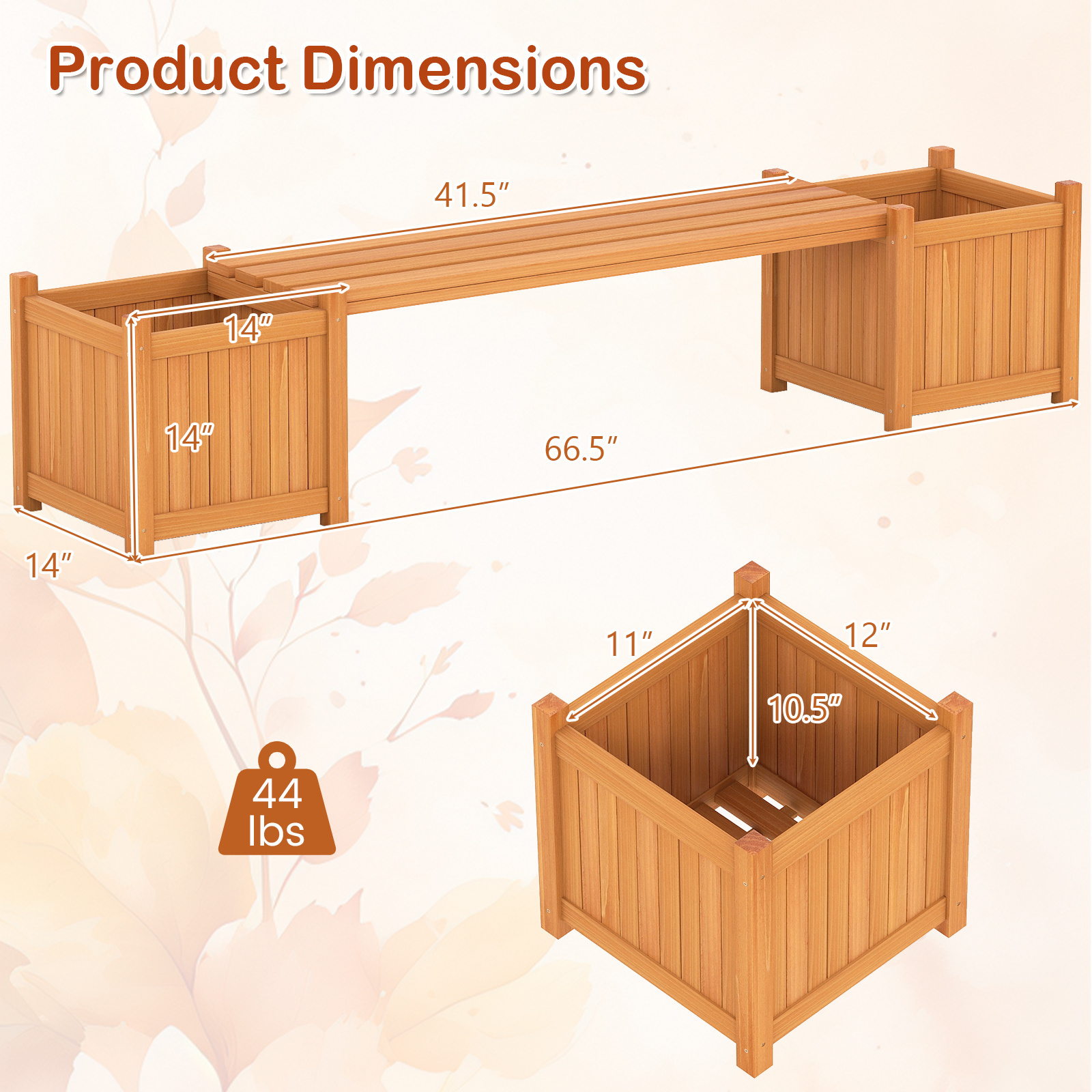 COSTWAY Hardwood Planter Box w/ Bench, Garden Bench w/ 2 Side Flower Boxes, Teak Oil Finish & Open-ended Base, Outdoor Plant Container for Garden, Yard, Balcony, DIY Assembly