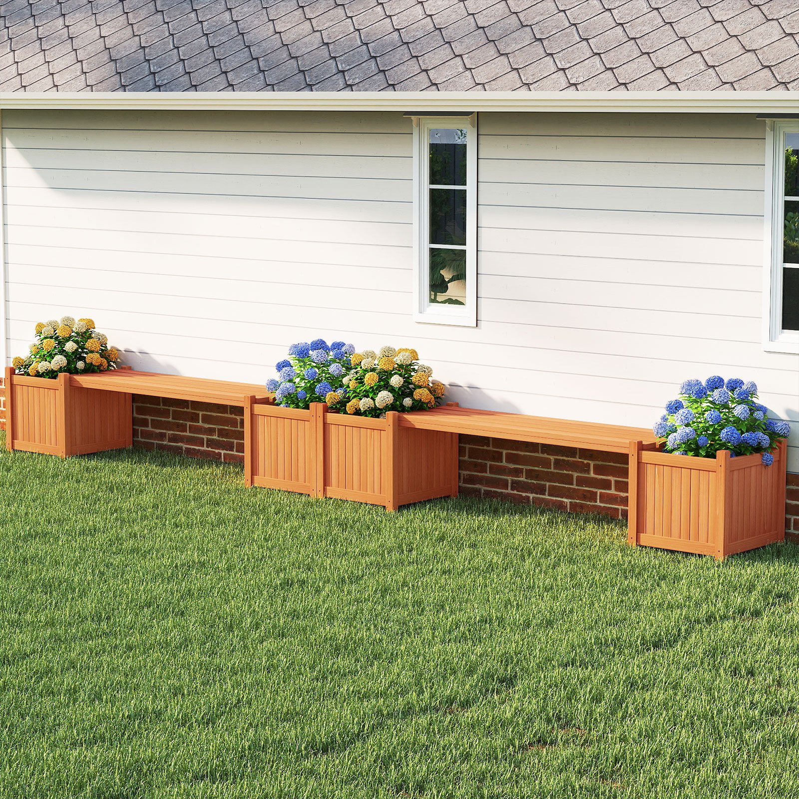 COSTWAY Hardwood Planter Box w/ Bench, Garden Bench w/ 2 Side Flower Boxes, Teak Oil Finish & Open-ended Base, Outdoor Plant Container for Garden, Yard, Balcony, DIY Assembly