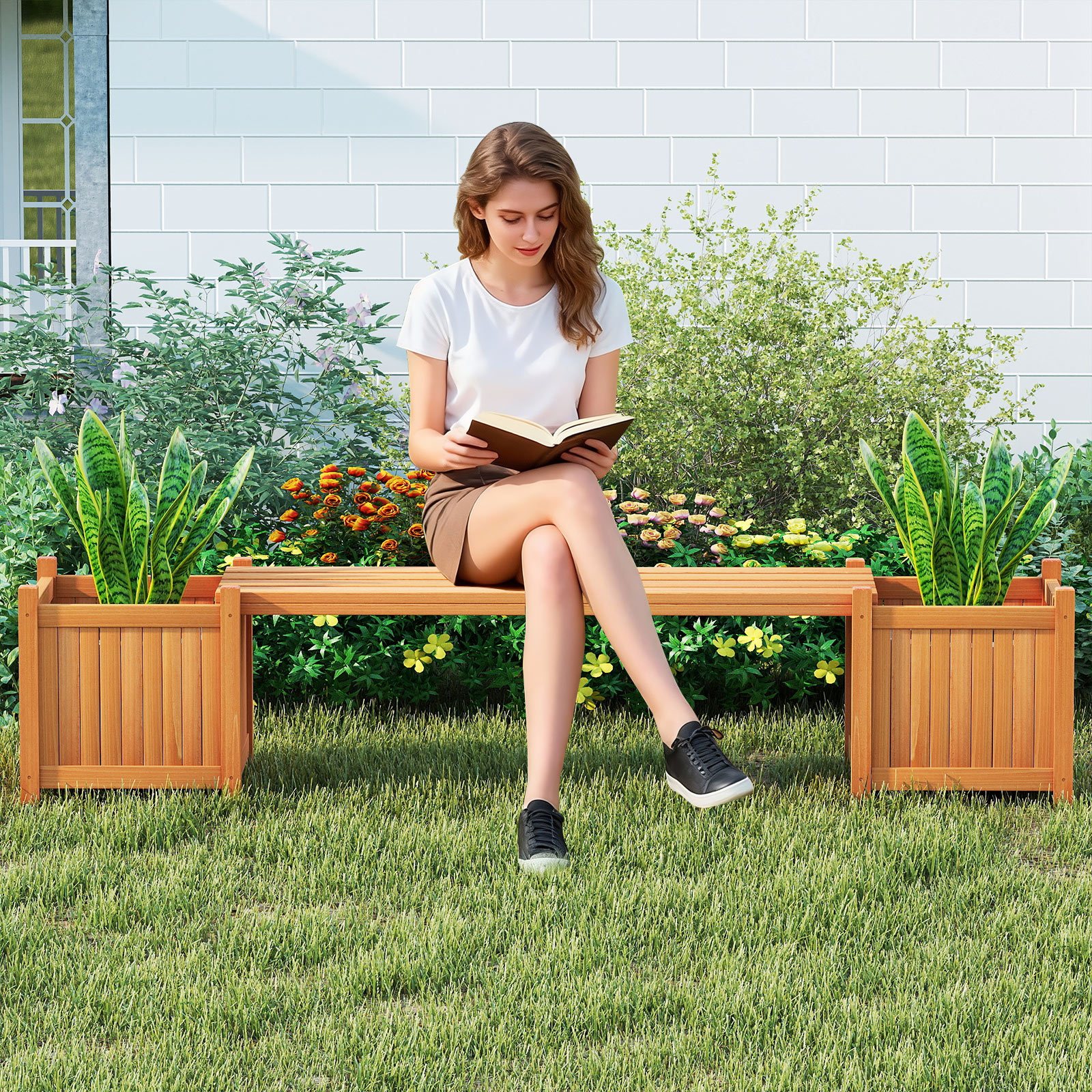 COSTWAY Hardwood Planter Box w/ Bench, Garden Bench w/ 2 Side Flower Boxes, Teak Oil Finish & Open-ended Base, Outdoor Plant Container for Garden, Yard, Balcony, DIY Assembly