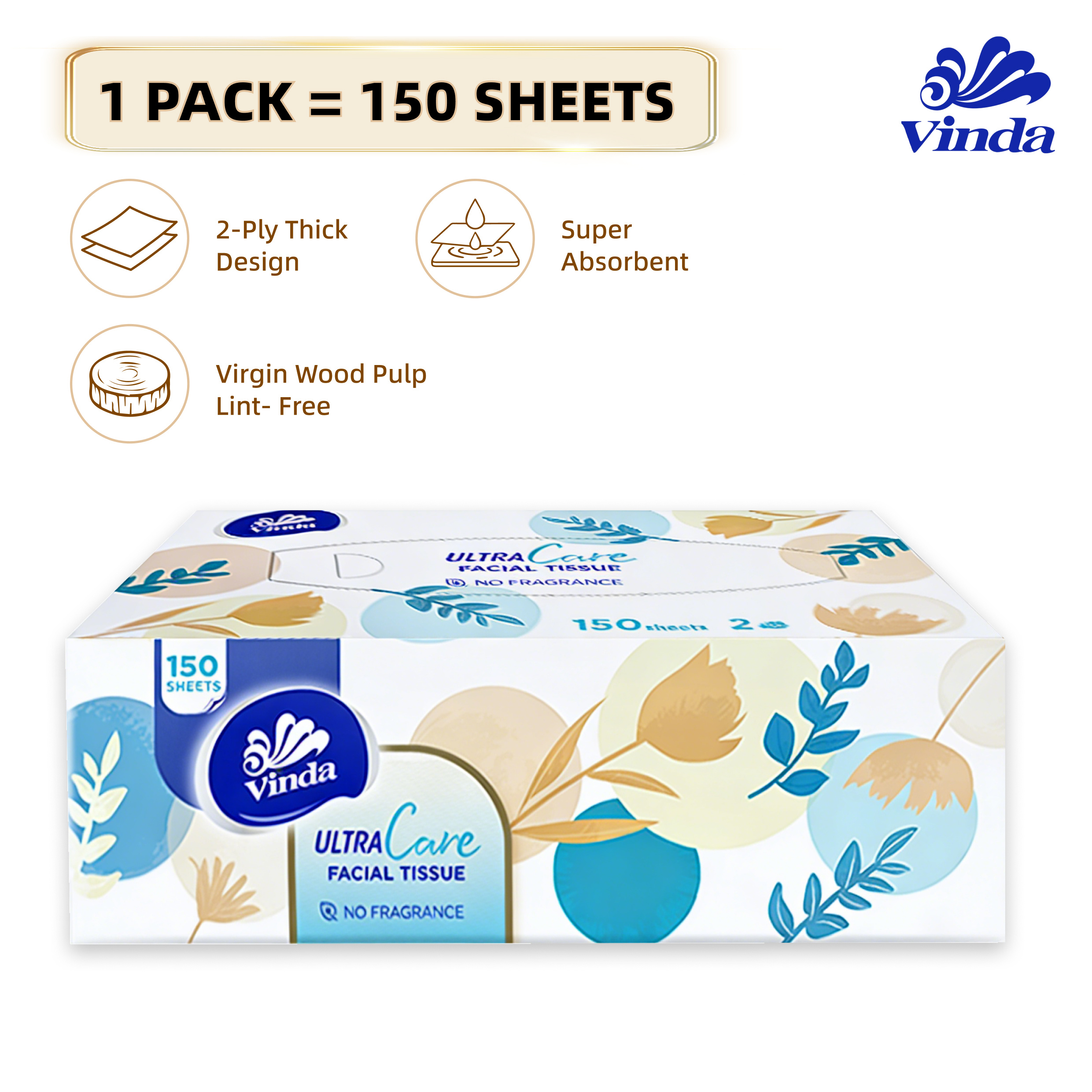 TEMU Vinda Facial Tissue – Soft & Durable For Daily Use, 150 Sheets/, , 100% Wood , Strong Absorbency, Skin-friendly, No Fluorescent Additives – For