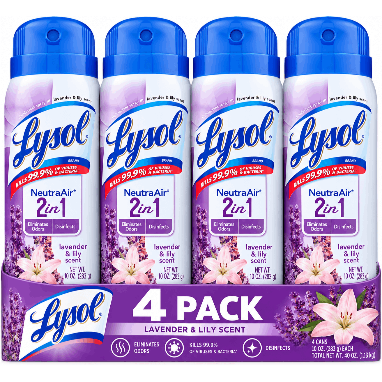 TEMU Air 2 In 1 Disinfectant Spray, Lavender & Lily, 4 Pack, 10 Oz Each, Surface Disinfectant And Deodorizer