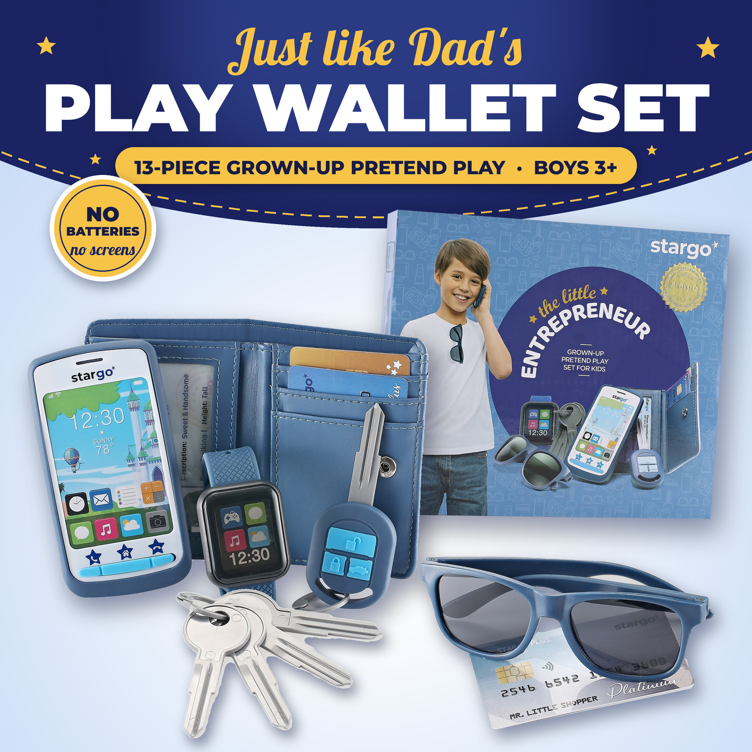 TEMU Pretend Play Toys For Boys 3+, 13-piece Role Play Set With Toy Phone, Smartwatch, Toy Car Keys, Toy Wallet & Sunglasses, Birthday Christmas