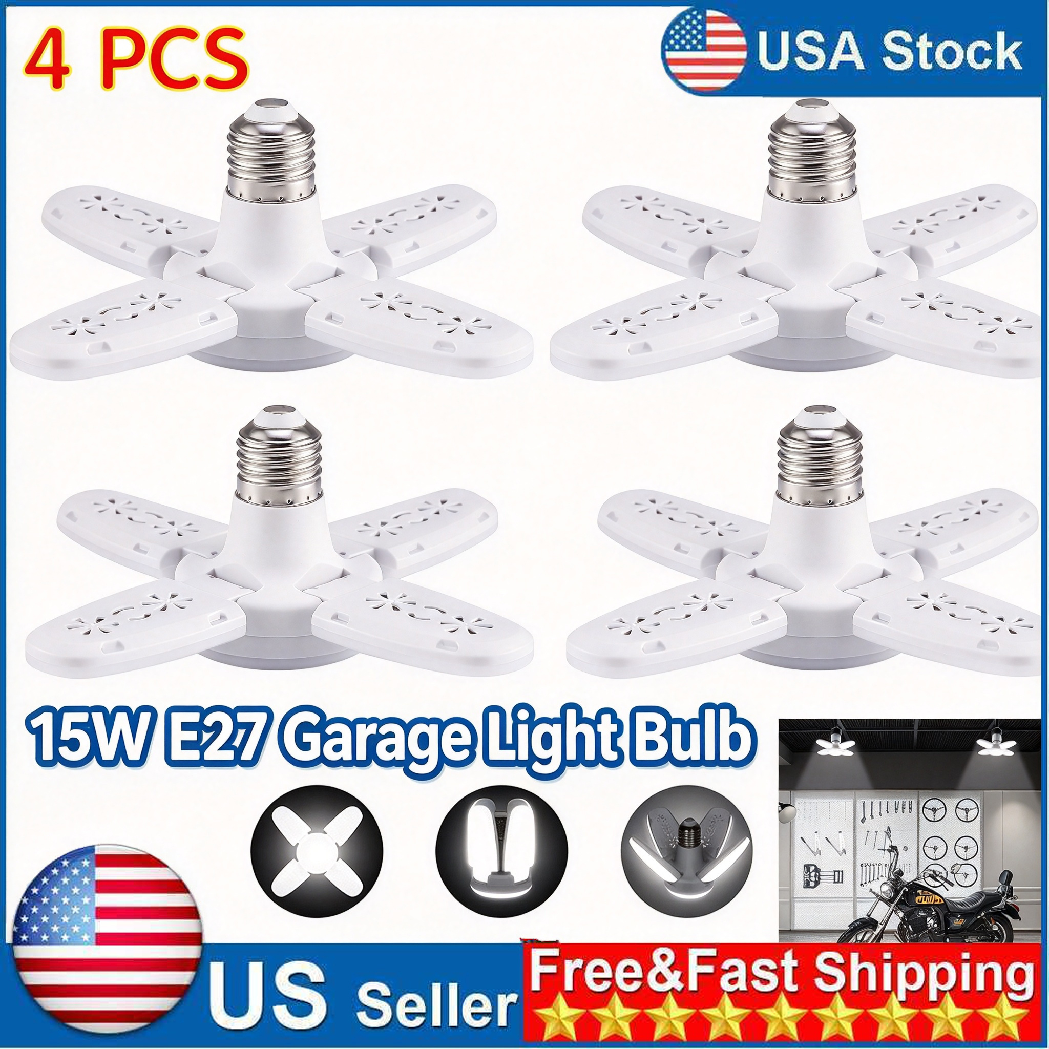 TEMU 4pcs 15w E27 Foldable Led Garage Light Bulb, 40pcs 2835 Leds 900lm 6500k Cold White 180° Adjustable Deformable Panels For Factory