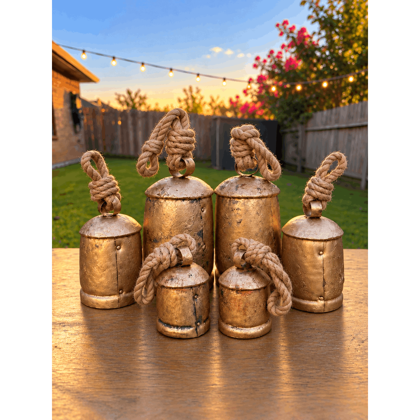 TEMU Rustic Vintage Cow Bells Set Of 6 With Hanging Rope, Antique Gold Metal Bells, 2 Large 5 Inch, 2 Medium 4 Inch & 2 Small 3 Inch, Farmhouse Wall