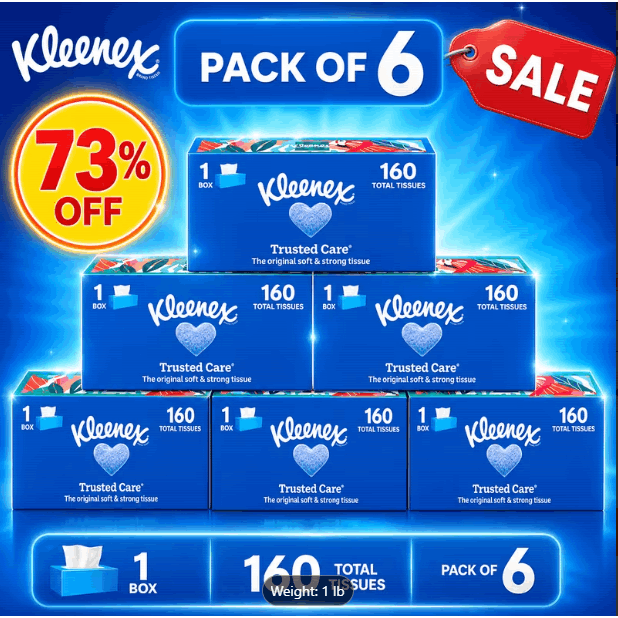 TEMU Kleenex Care Facial Tissues, 1 Flat Box, 160 Tissues Per Box, 2-ply - (pack Of 6)