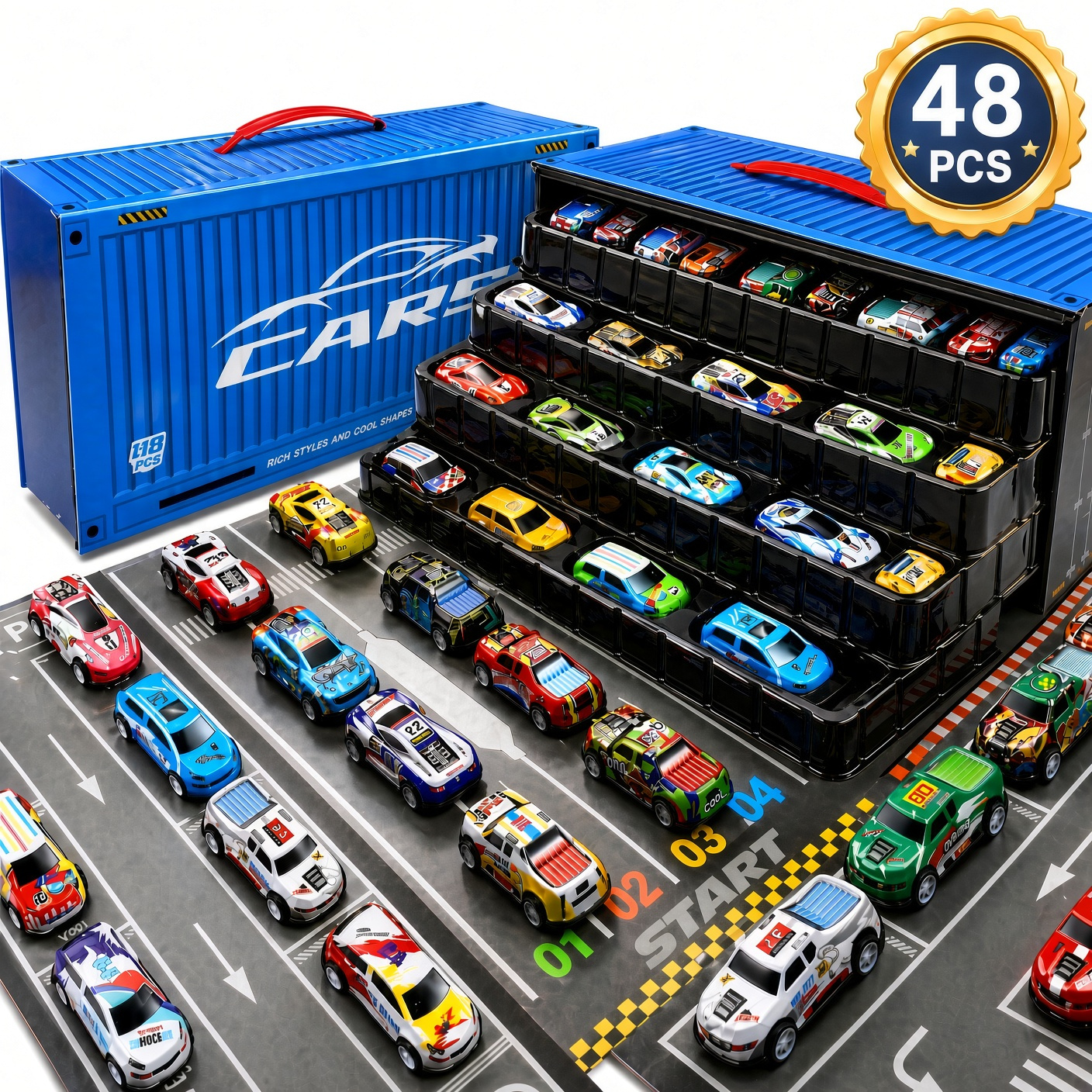 TEMU 48-pack Pull Back Toy Cars Set, Mini Alloy Metal Vehicles With Portable Storage Carry Case & Fold-out Road , Birthday & Christmas Gifts, Party